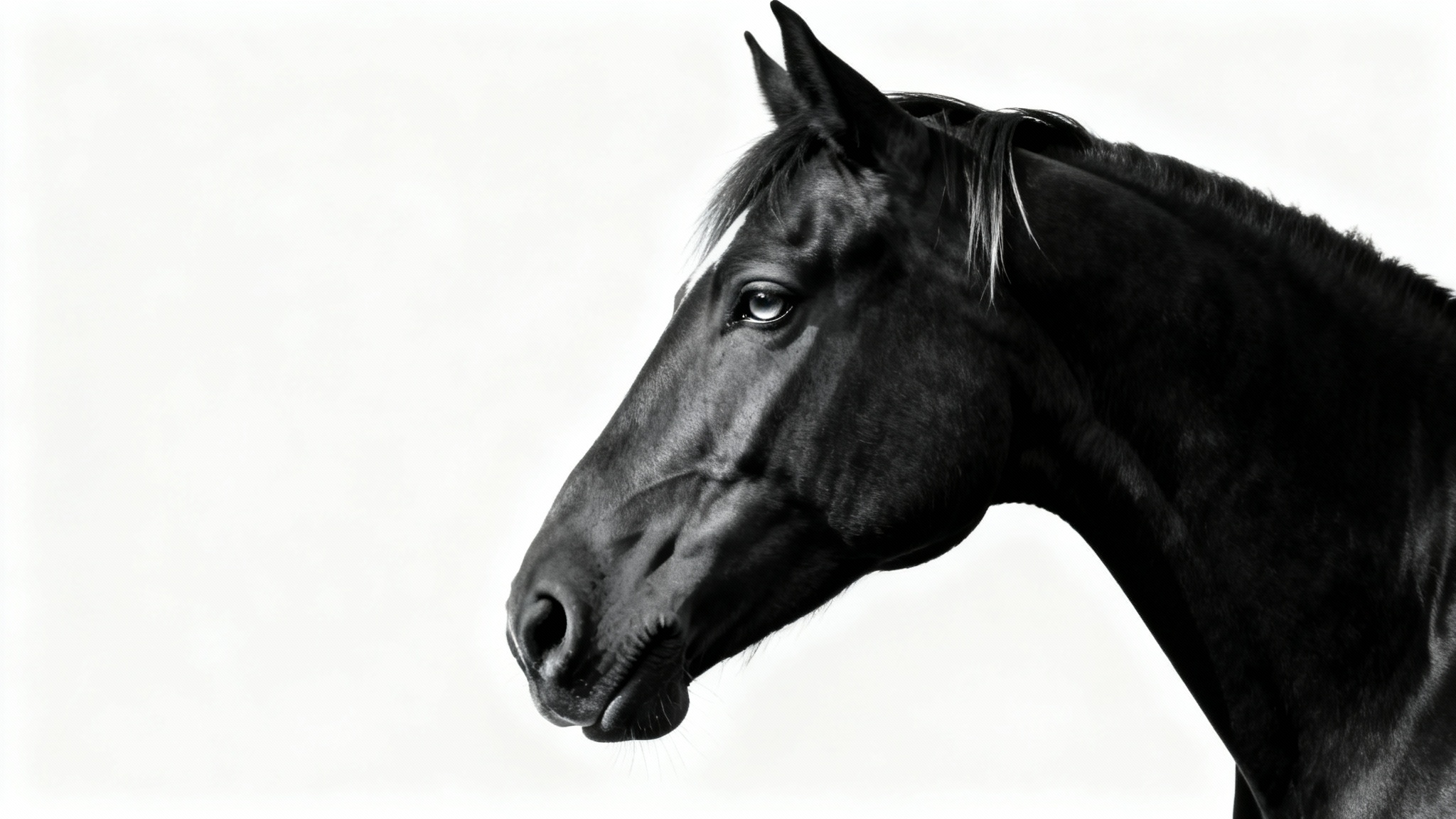 An artistic, high-contrast black and white studio portrait of a horse's head against a plain white background, emphasizing its noble features and musculature.