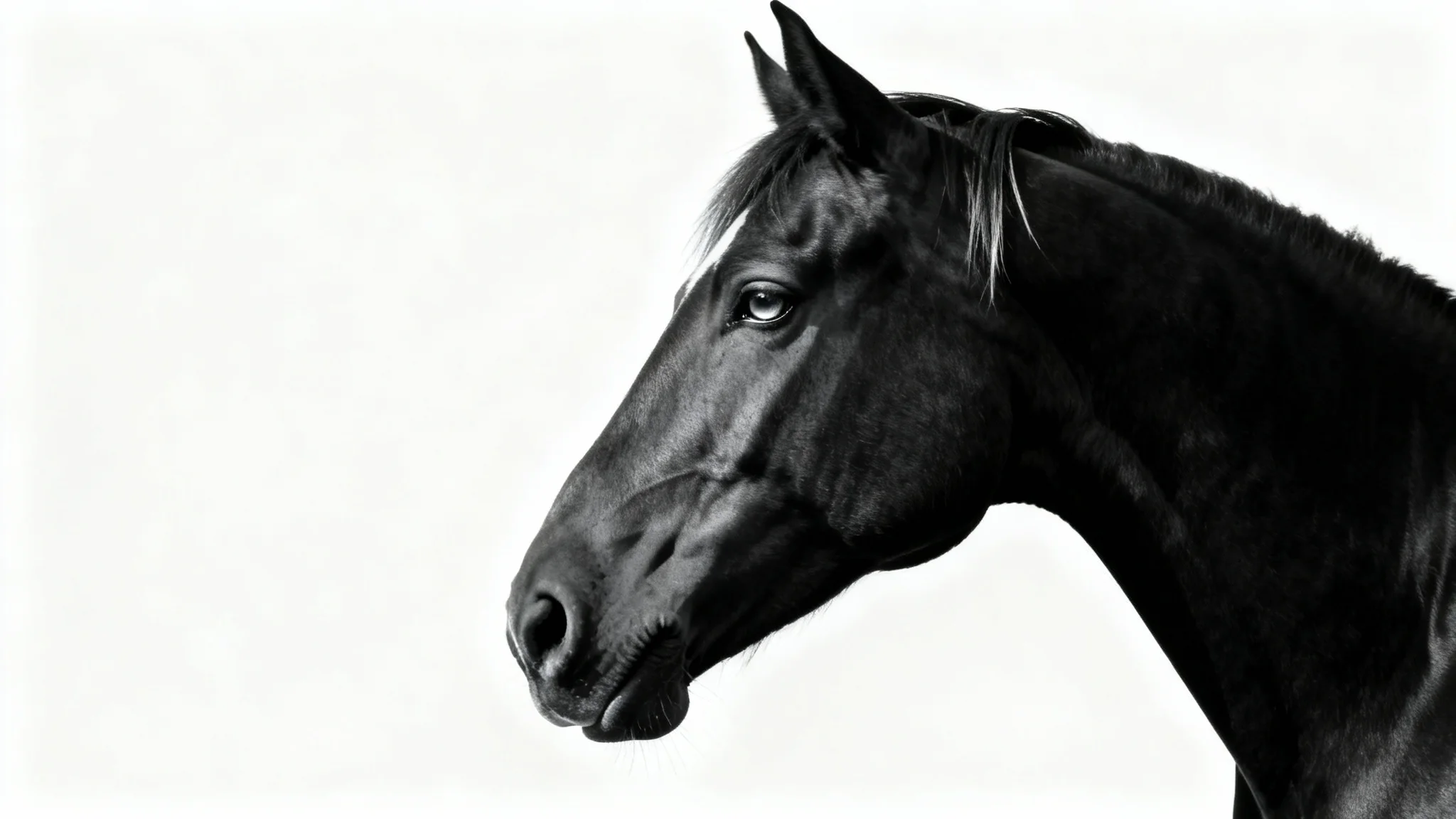 An artistic, high-contrast black and white studio portrait of a horse's head against a plain white background, emphasizing its noble features and musculature.