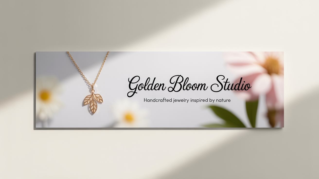 A professional Etsy shop banner mockup for a jewelry store named 'Golden Bloom Studio', featuring a clean design and a tagline 'Handcrafted Jewelry Inspired by Nature'.