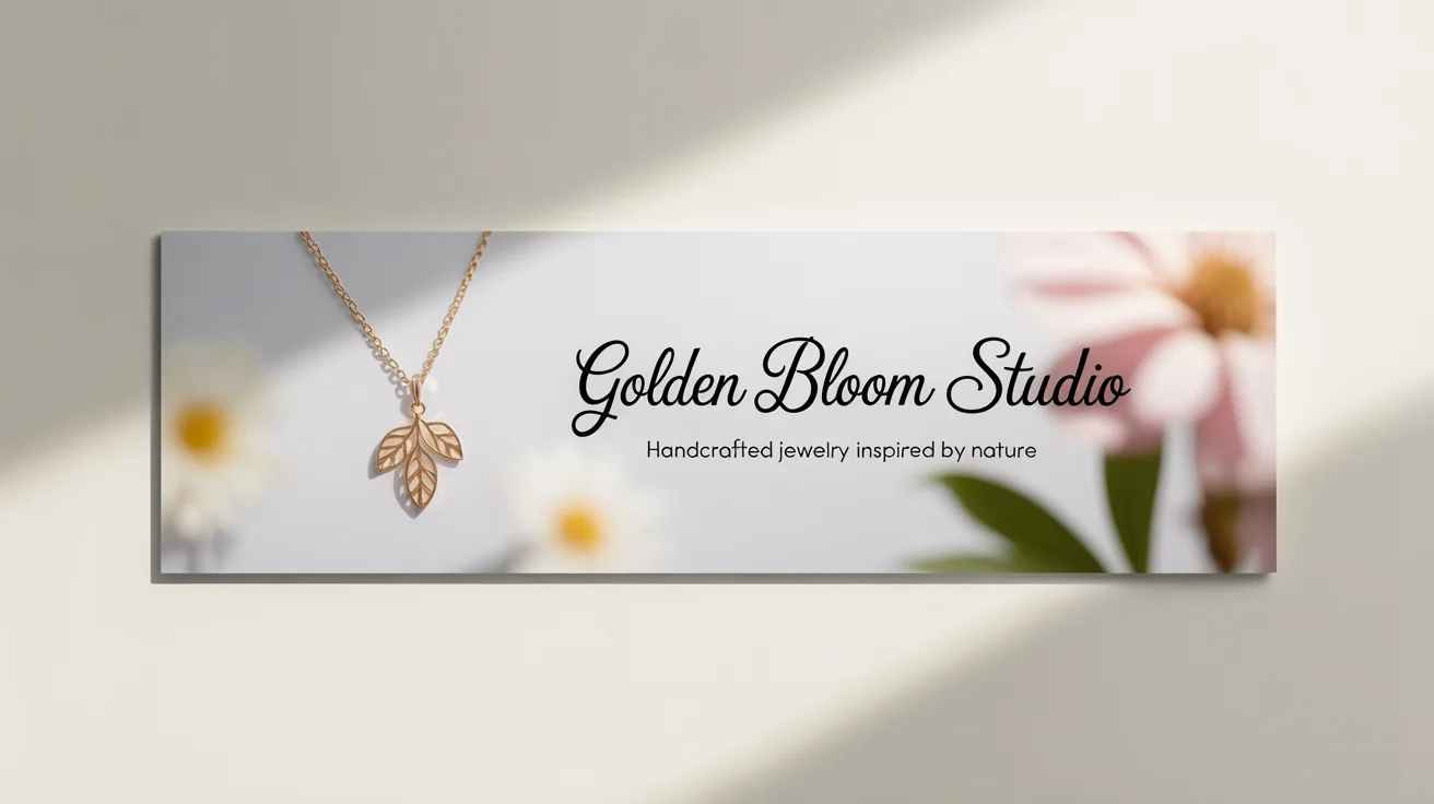A professional Etsy shop banner mockup for a jewelry store named 'Golden Bloom Studio', featuring a clean design and a tagline 'Handcrafted Jewelry Inspired by Nature'.