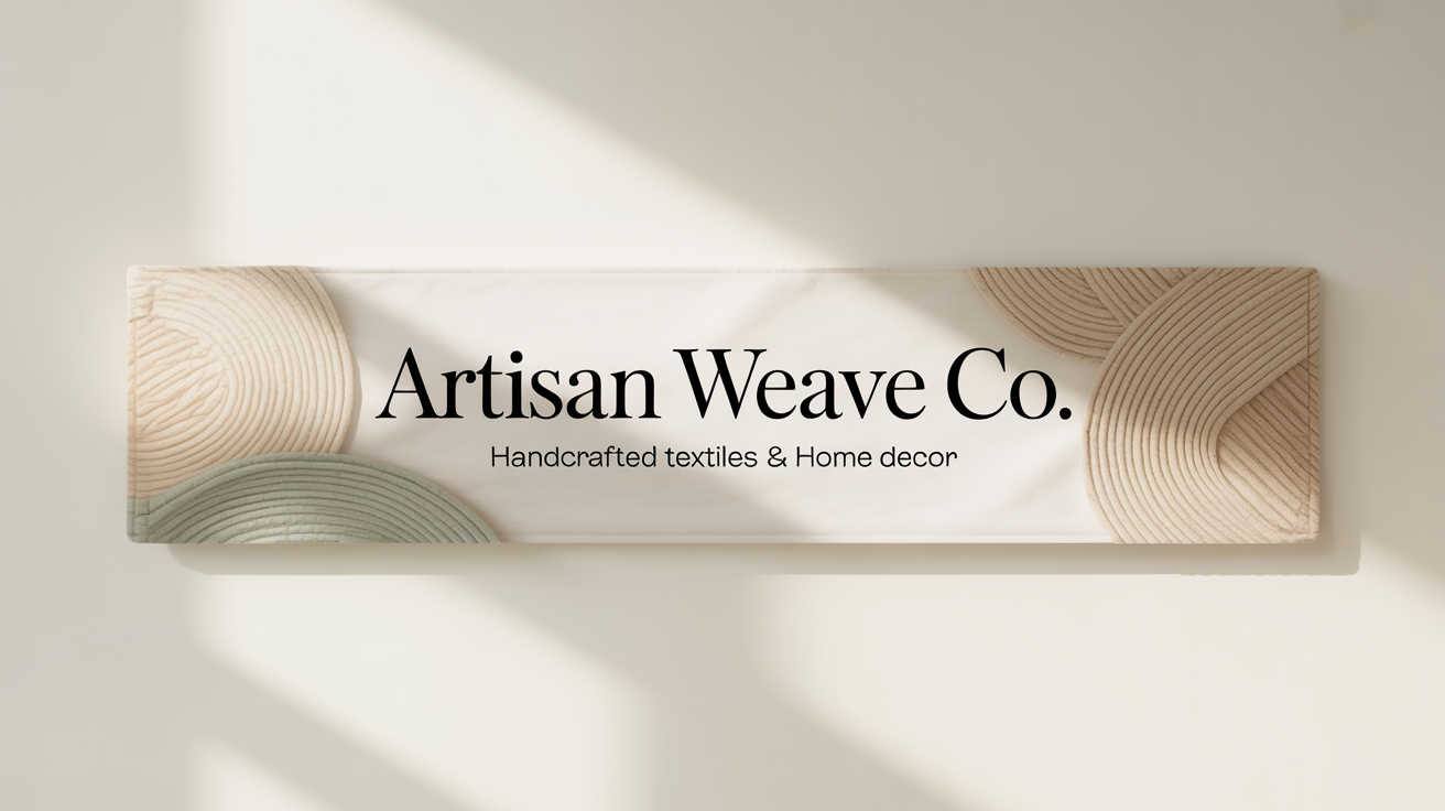 A mockup of a professional, wide Etsy shop banner for a fictional brand named 'Artisan Weave Co.', featuring elegant text and minimalist woven patterns on a white background.