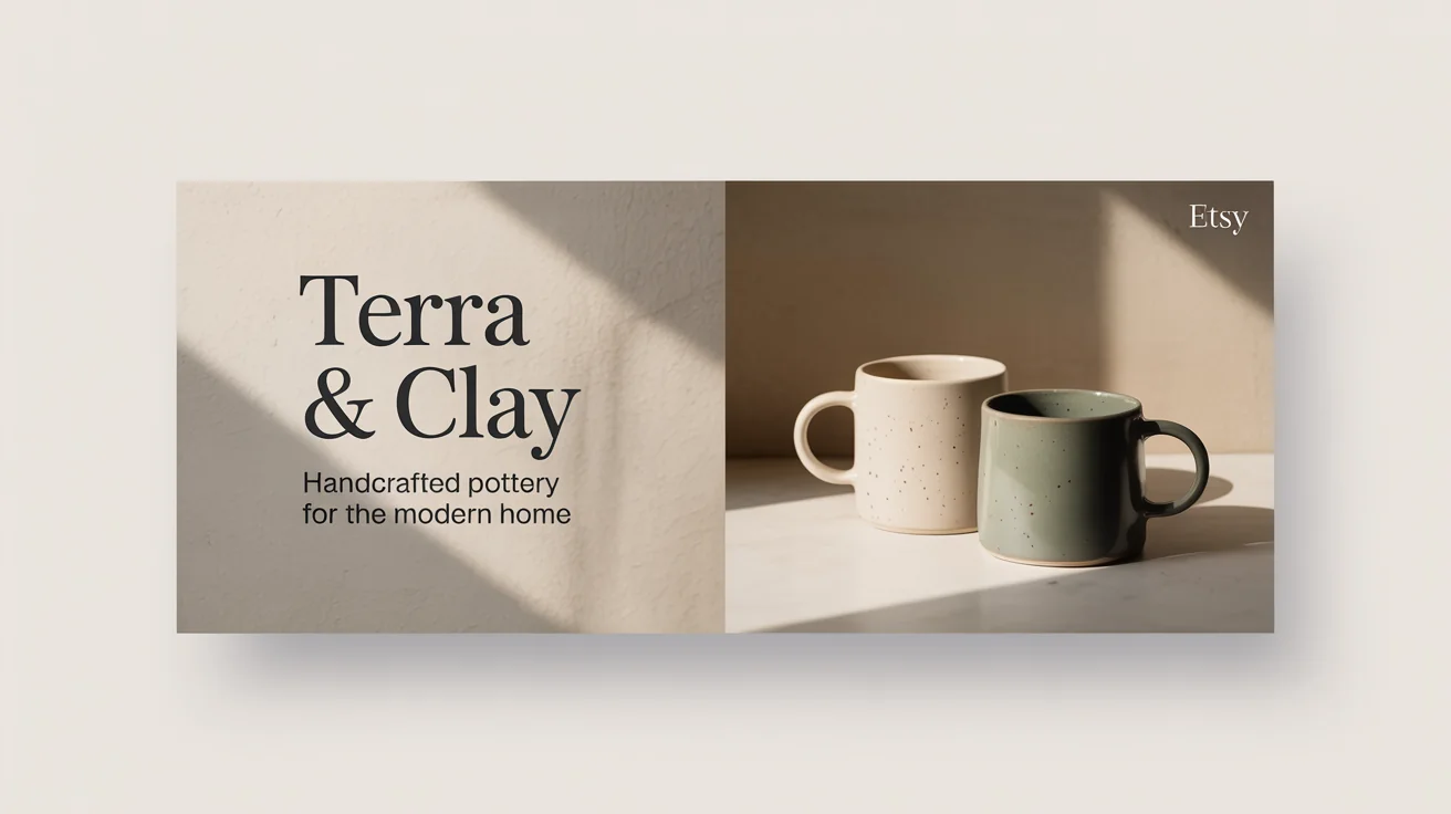 A professional Etsy shop banner for a pottery shop. On the right are two handmade ceramic mugs, and on the left is the text 'Terra & Clay' and 'Handcrafted Pottery for the Modern Home'.