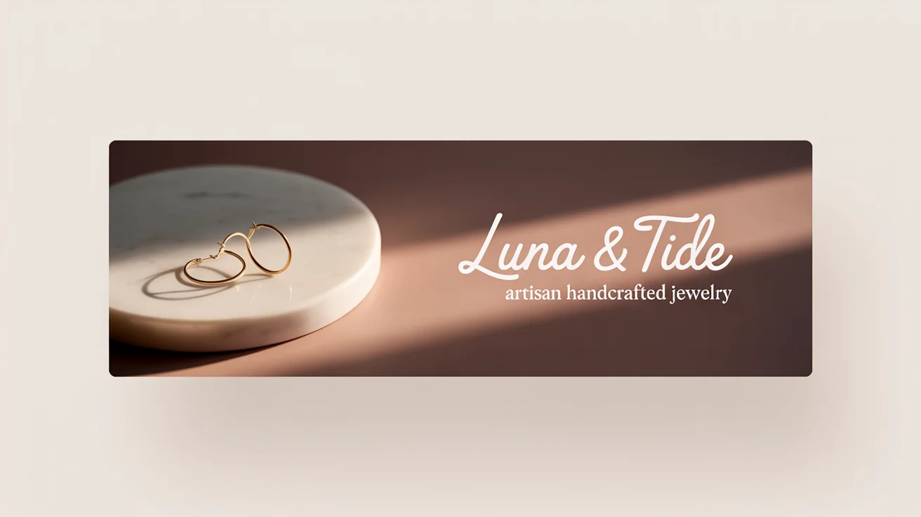 A mockup of a professional, wide Etsy shop banner for a jewelry store named 'Luna & Tide', featuring a clean design and a photo of earrings, all on a white background.