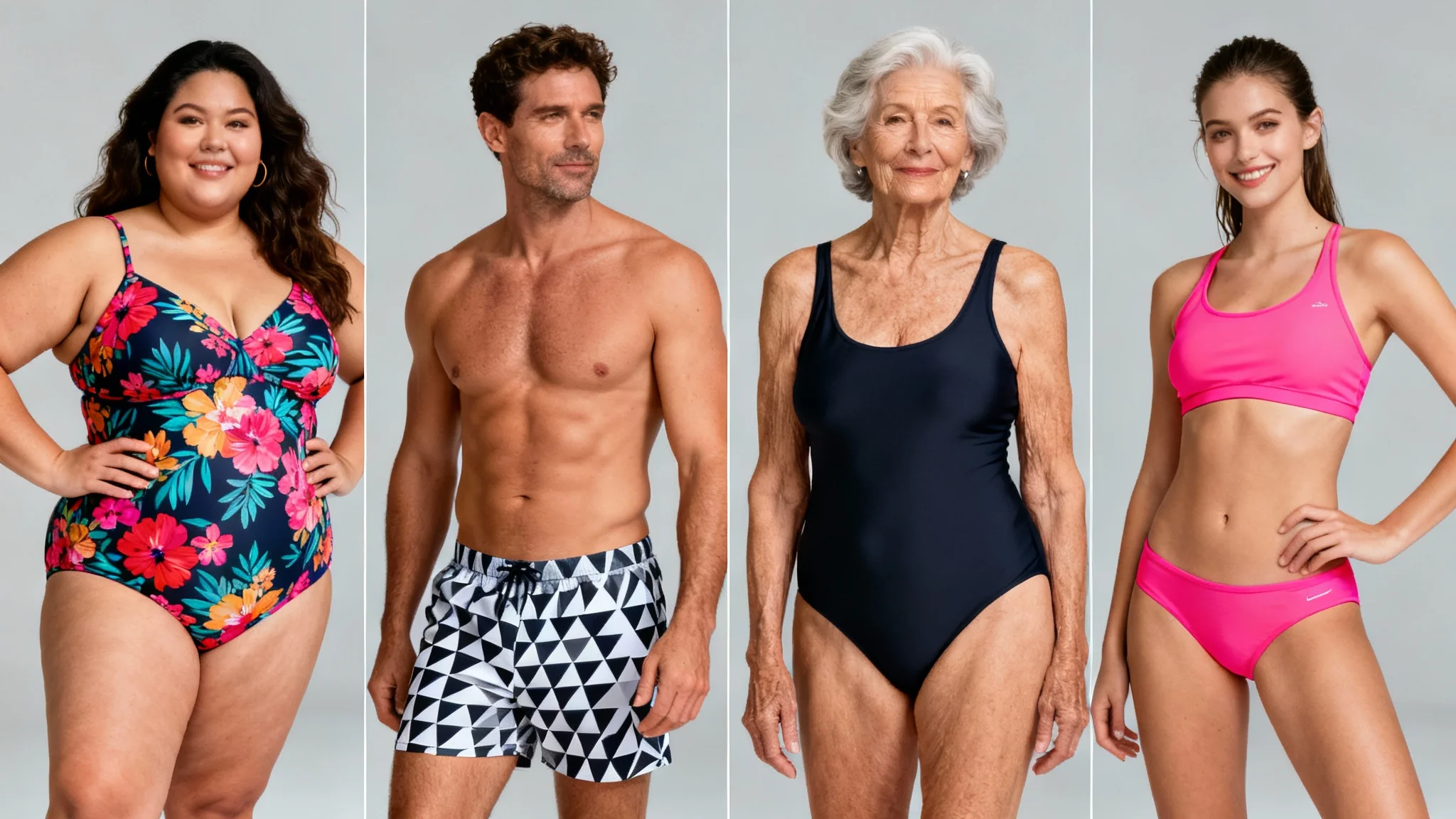A hero image collage with four panels, each showing a different person—diverse in age, ethnicity, and body type—confidently wearing a stylish, perfectly-fitting swimsuit against a clean studio background, showcasing the result of a virtual try-on app.