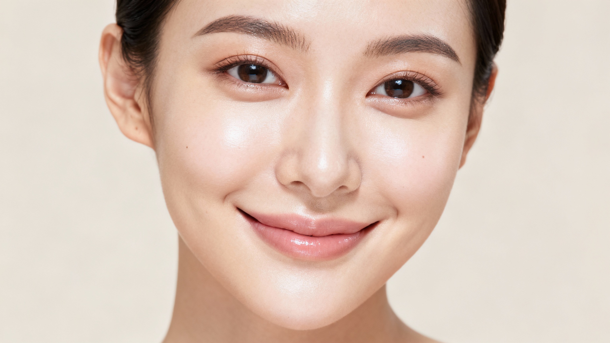 A close-up studio portrait of a person with perfectly retouched, smooth, and glowing skin, demonstrating the final result of a skin retouching tool.