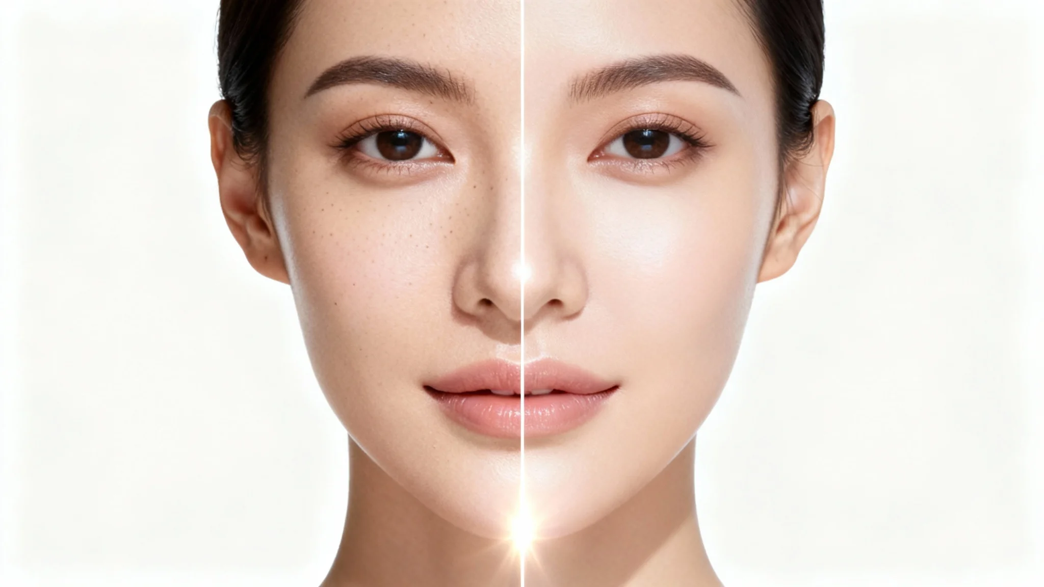 A close-up image of a woman's face, split in half to demonstrate the effect of skin retouching. The left side shows natural skin with visible pores, while the right side shows perfectly smooth, flawless, and glowing skin.