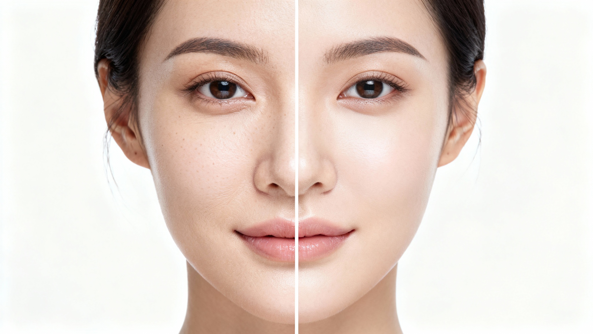 A split-screen image of a woman's face demonstrating skin retouching. The 'before' side shows natural skin texture, while the 'after' side shows smooth, flawless, and retouched skin.