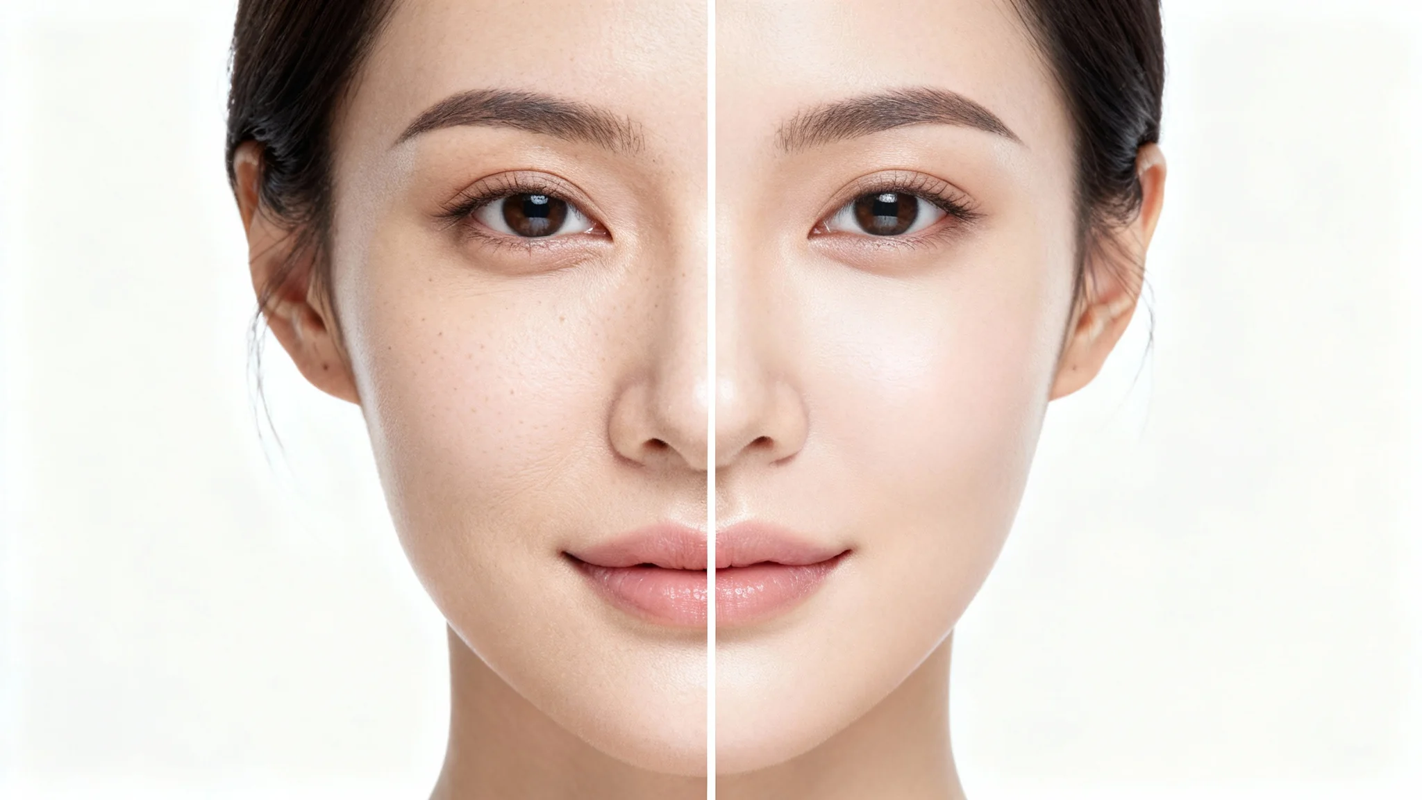 A split-screen image of a woman's face demonstrating skin retouching. The 'before' side shows natural skin texture, while the 'after' side shows smooth, flawless, and retouched skin.