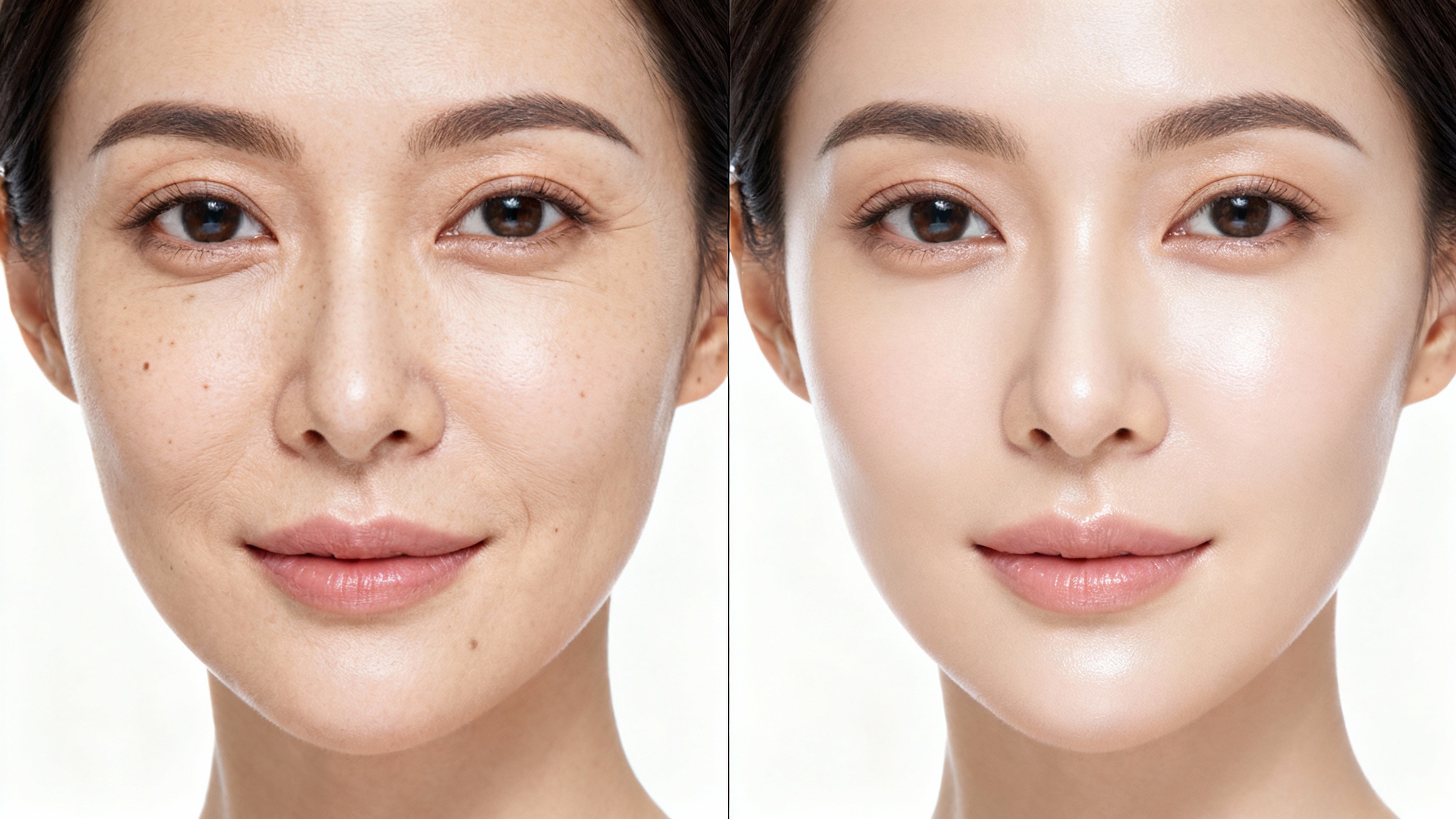 A split-screen, before-and-after portrait showing the effects of skin retouching. The left side displays a woman's face with natural skin imperfections, while the right side shows the same face with smooth, clear, and professionally retouched skin.