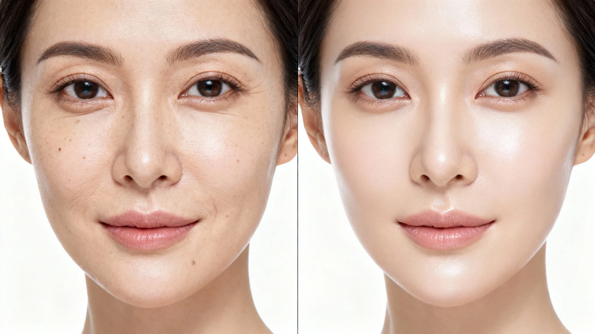A split-screen, before-and-after portrait showing the effects of skin retouching. The left side displays a woman's face with natural skin imperfections, while the right side shows the same face with smooth, clear, and professionally retouched skin.