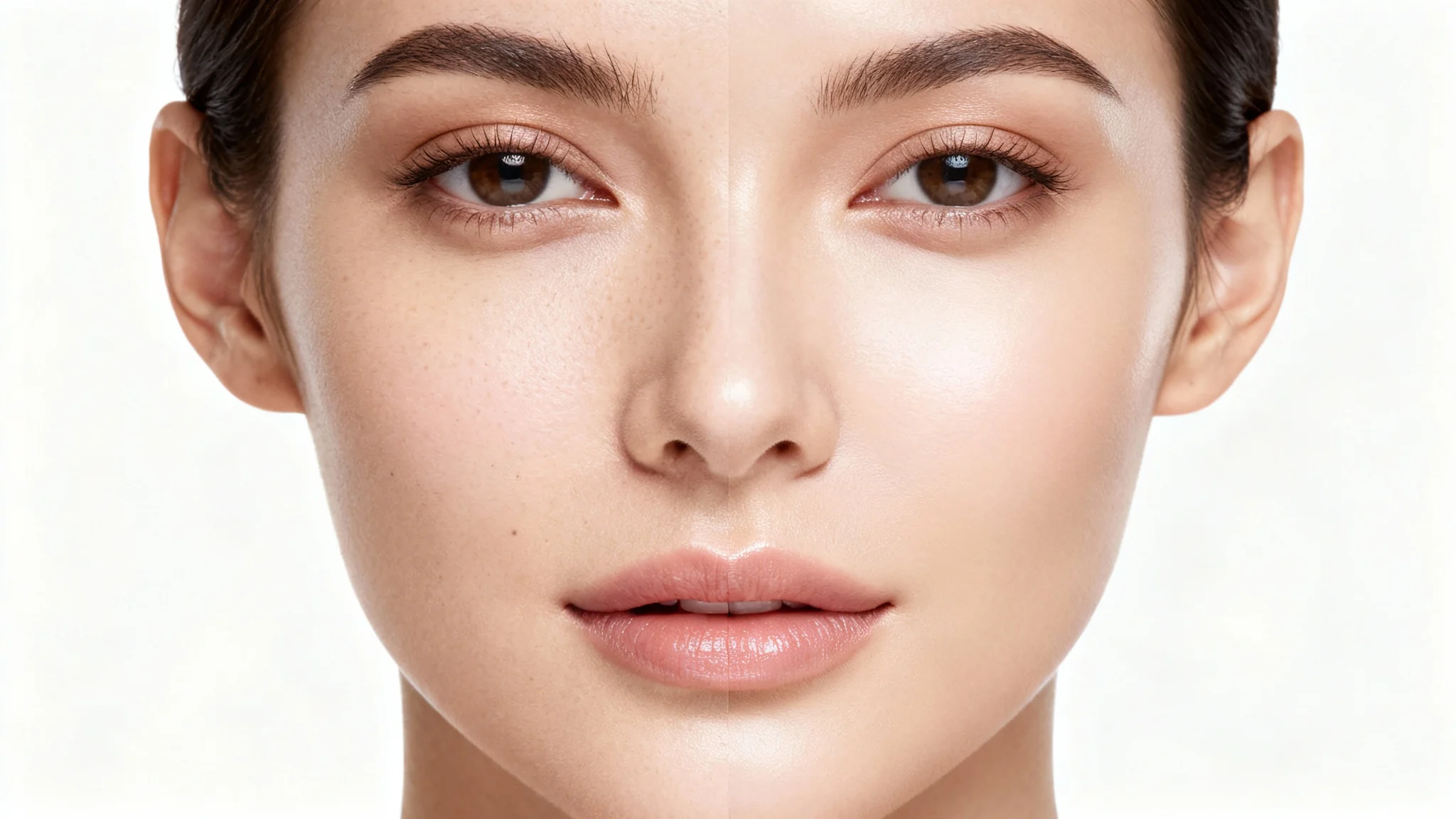 Close-up portrait demonstrating skin retouching, with one half of the woman's face showing natural skin and the other half showing perfectly smooth, retouched skin.
