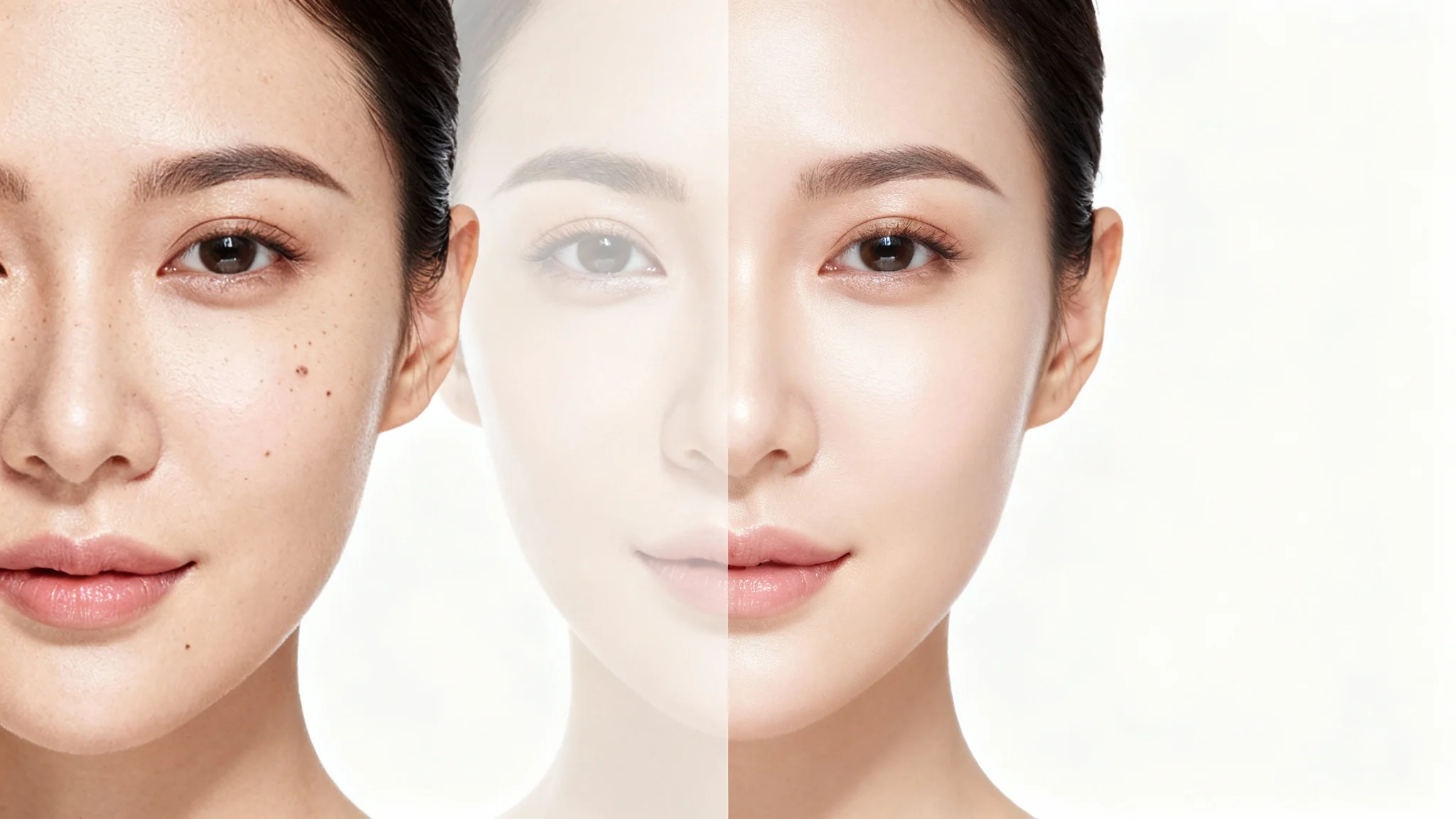 A split-screen comparison of a woman's face. The left side shows natural skin with minor imperfections, and the right side shows the same face after skin retouching, appearing smooth and flawless.