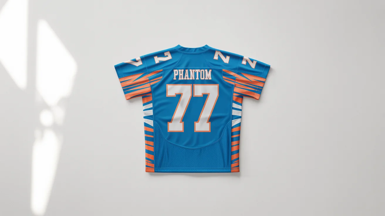 A custom football jersey in electric blue and orange, laid flat on a white background. The back of the jersey features the name 'PHANTOM' and the number '77'.