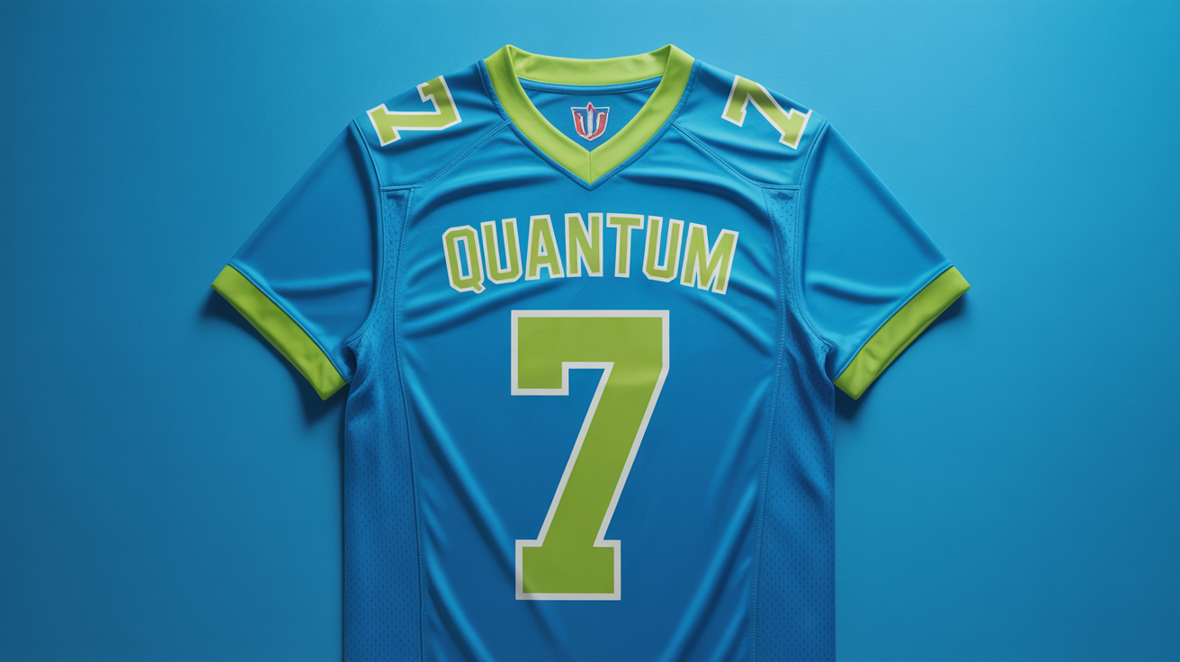 A custom electric blue football jersey with the name 'QUANTUM' and the number '7' in lime green on the back, shown in a flat lay on a white background.