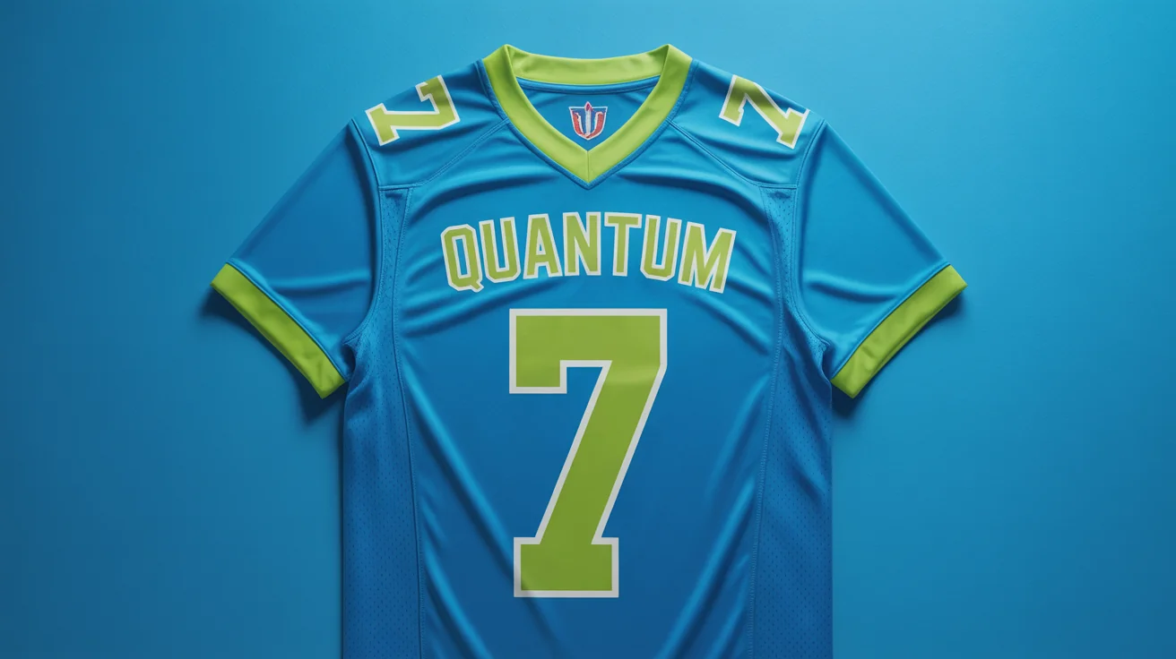 A custom electric blue football jersey with the name 'QUANTUM' and the number '7' in lime green on the back, shown in a flat lay on a white background.