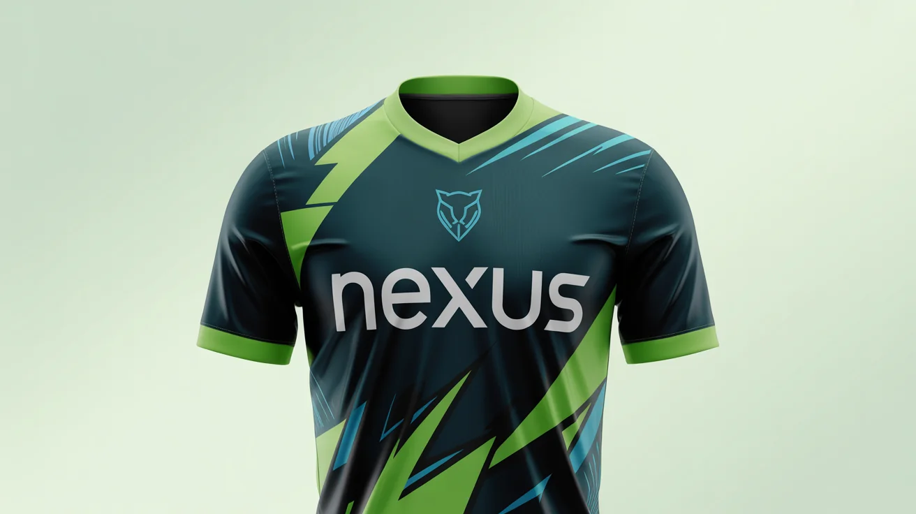 A photorealistic mockup of a custom black football jersey with bright green and cyan geometric patterns, shown on a white background. The jersey features a stylized panther crest and the fictional sponsor name 'NEXUS'.