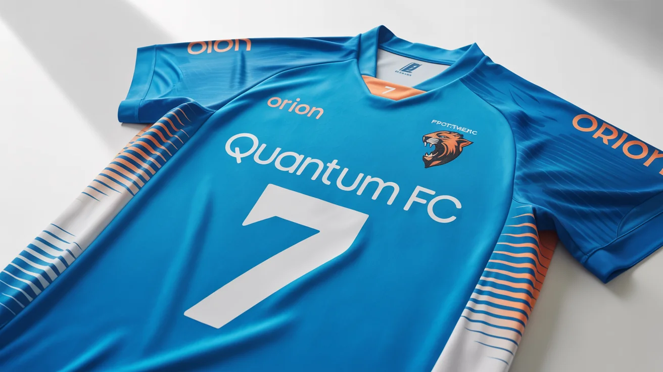 A professional mockup of a custom electric blue and orange football jersey with the team name 'Quantum FC' and player 'ORION 7', laid flat on a white background.
