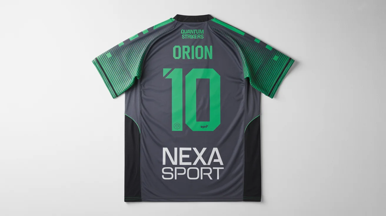 A professional mockup of a custom football jersey for the fictional team 'Quantum Strikers FC', laid flat on a white background. The gray jersey has electric green details, with the player name 'ORION' and number '10' on the back.