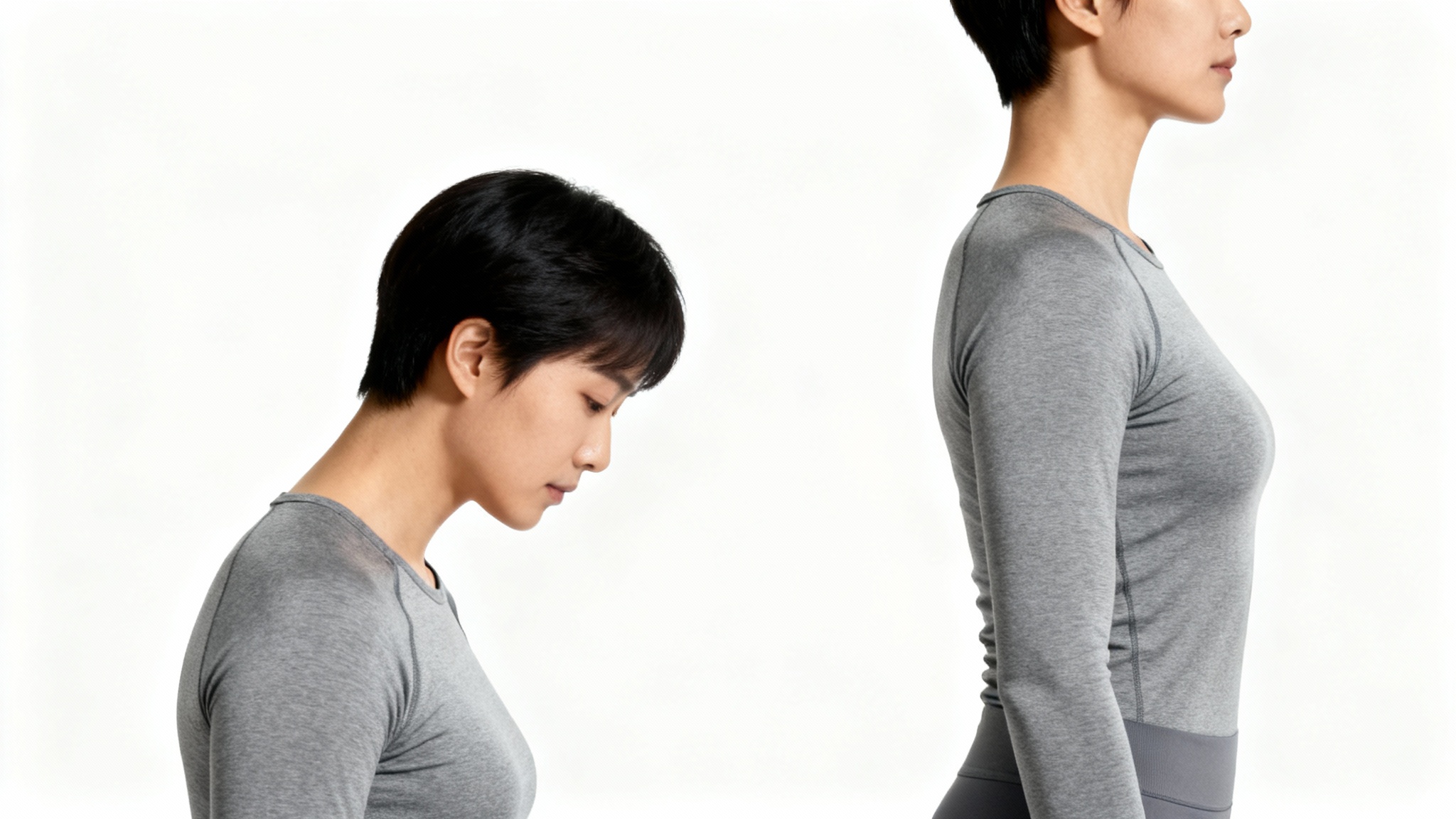 A before-and-after image demonstrating shoulder posture correction, showing a person moving from a slumped position to an upright, healthy posture.