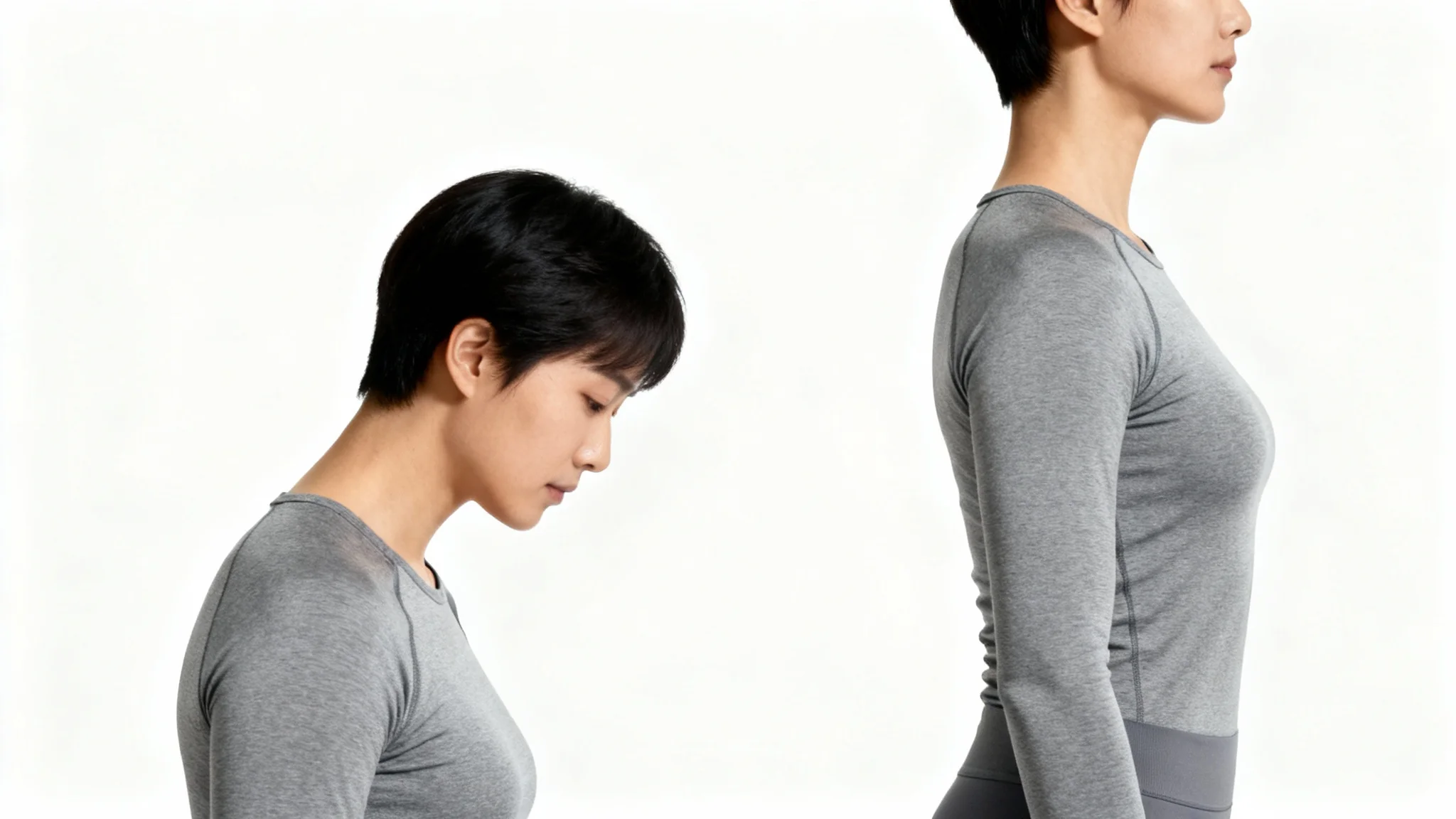A before-and-after image demonstrating shoulder posture correction, showing a person moving from a slumped position to an upright, healthy posture.