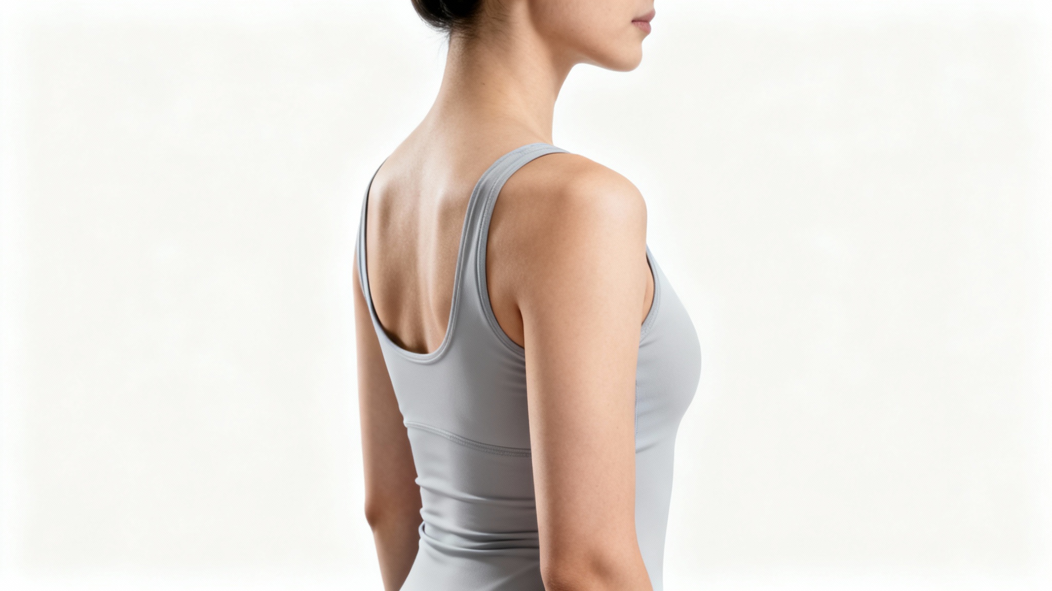 A person viewed from the back demonstrating corrected, upright shoulder posture against a plain white background.