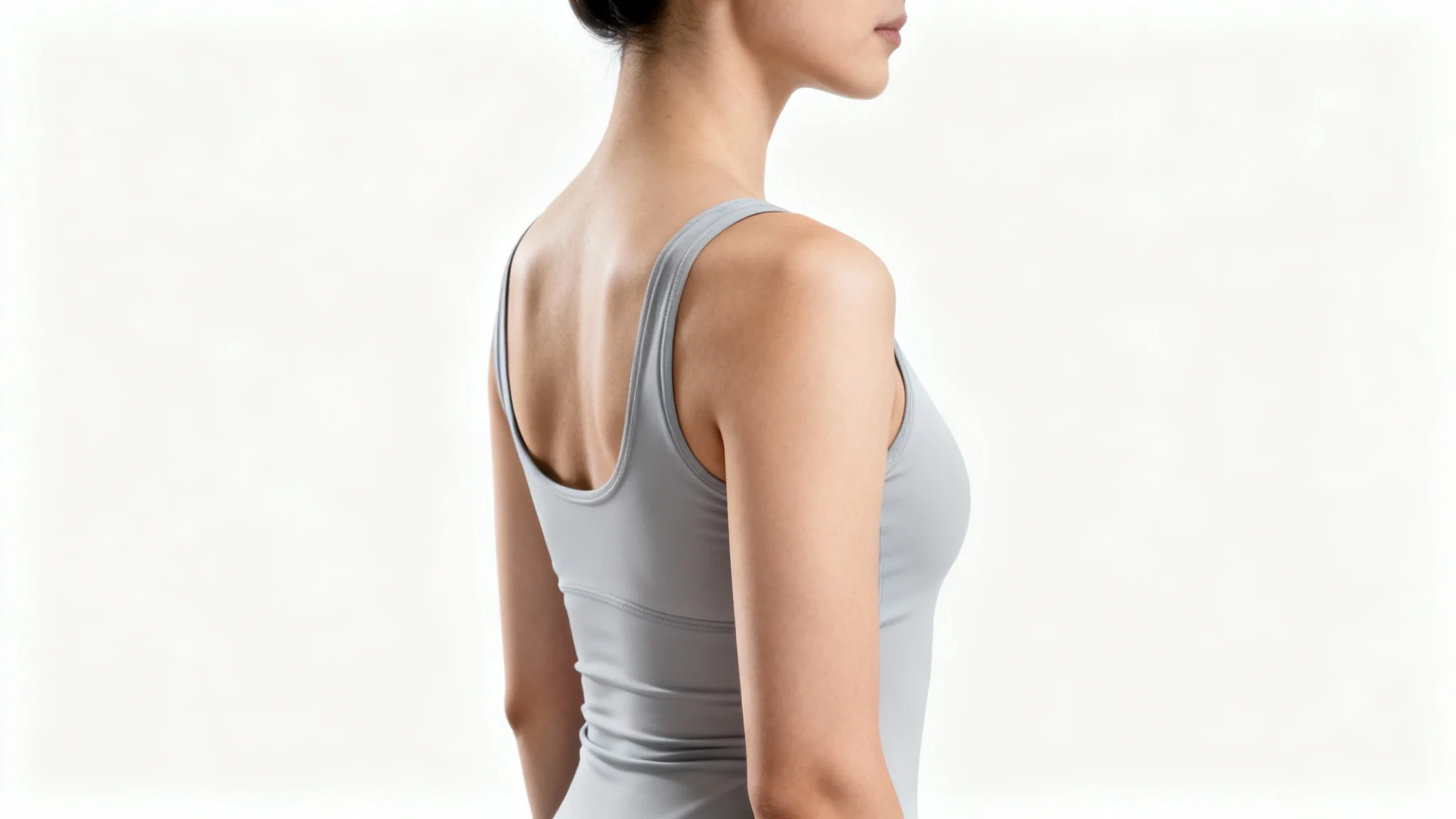 A person viewed from the back demonstrating corrected, upright shoulder posture against a plain white background.