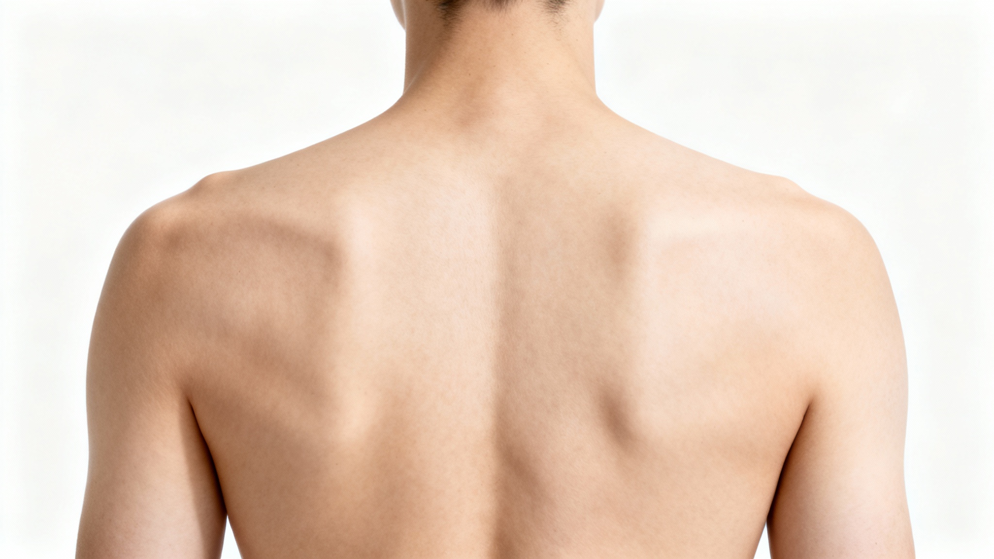 A minimalist photo from behind showing a person's upper back and shoulders, demonstrating perfect, straight posture against a white background.