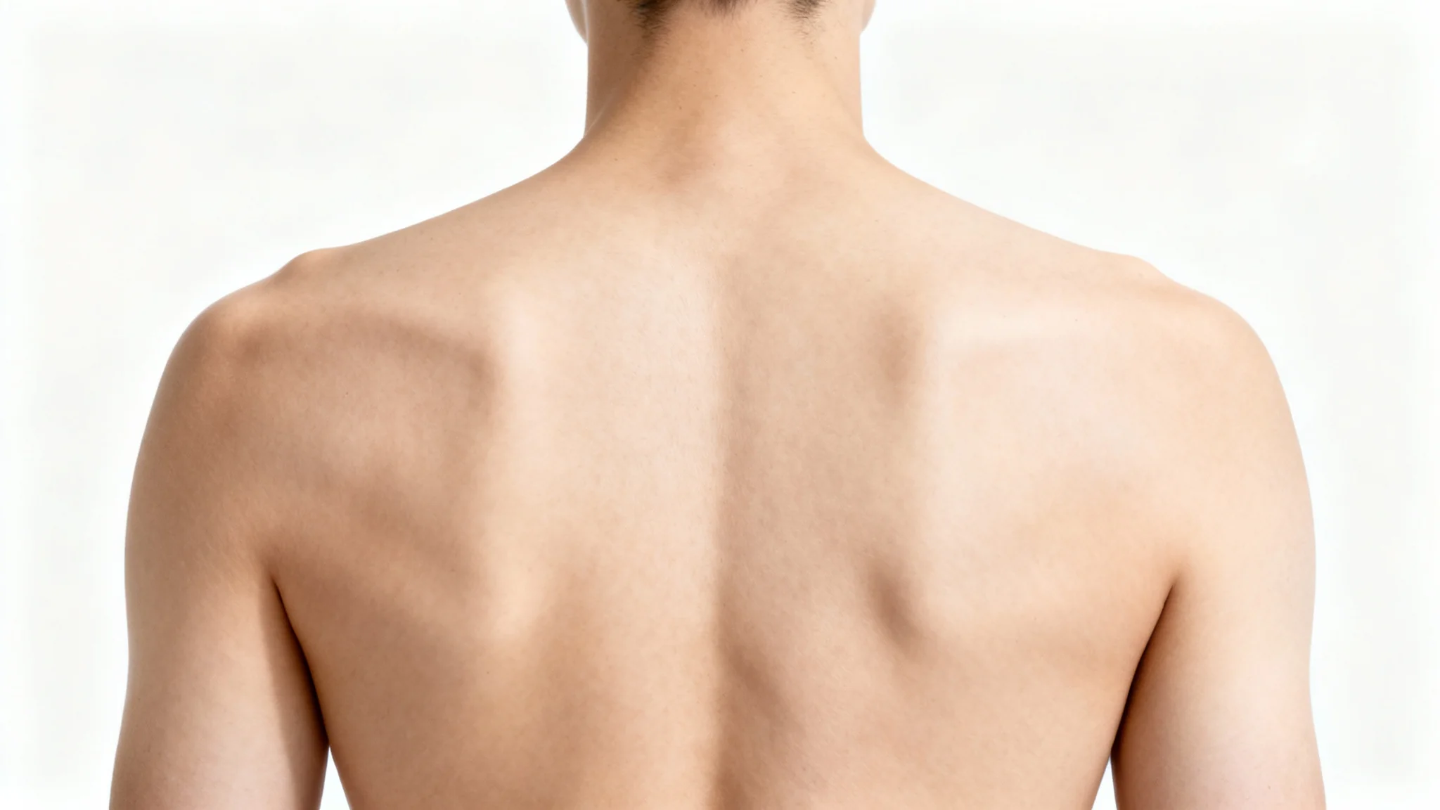A minimalist photo from behind showing a person's upper back and shoulders, demonstrating perfect, straight posture against a white background.