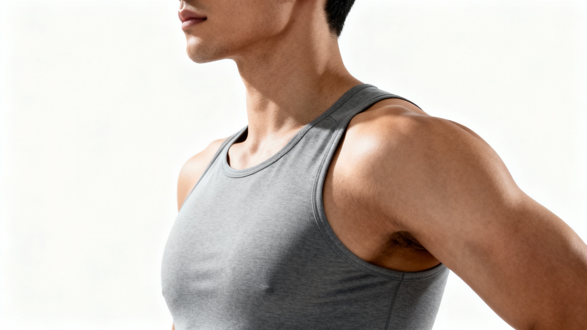 A side view of a person demonstrating perfect shoulder posture against a white background, illustrating the benefits of posture correction.