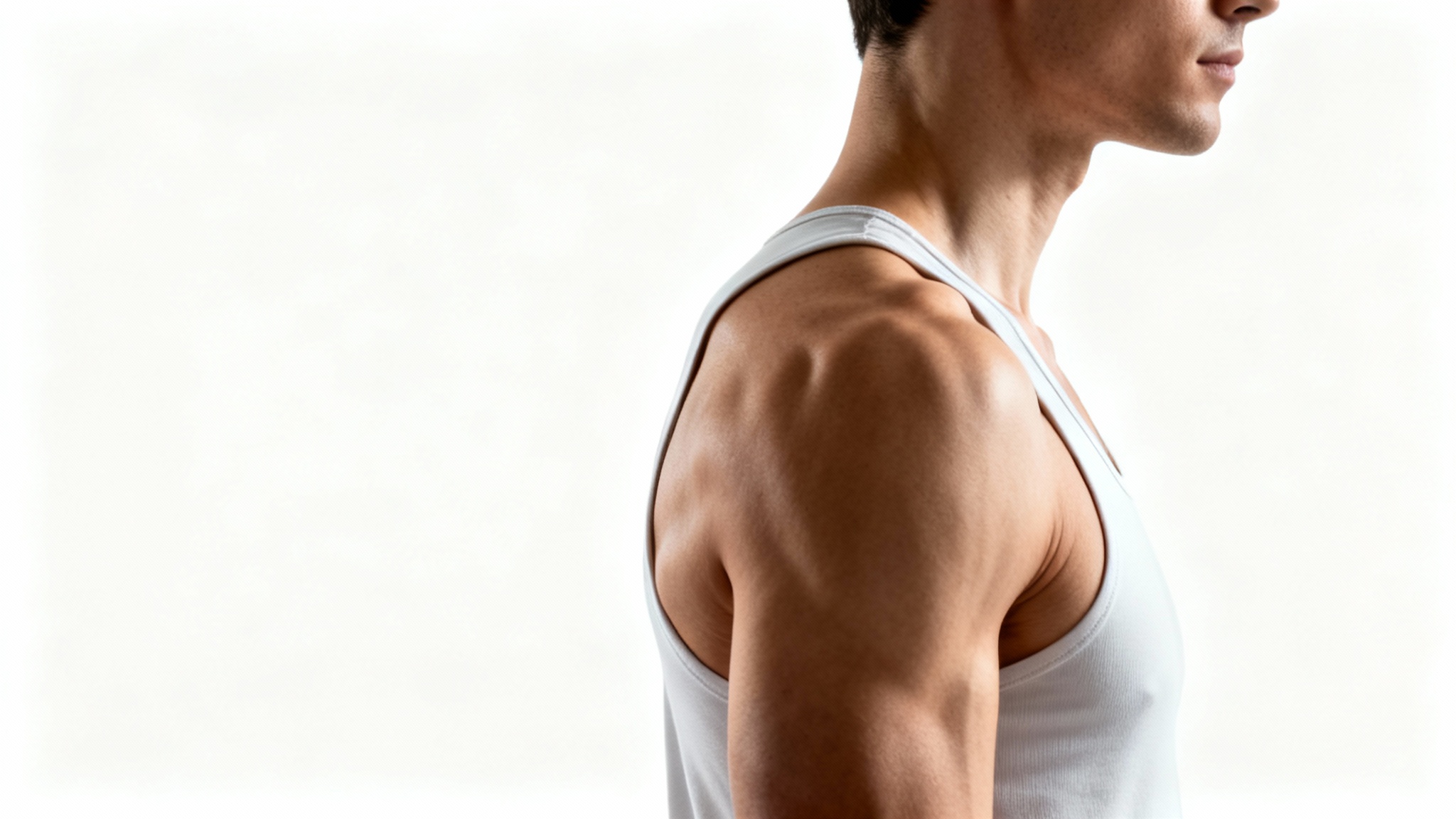 A close-up view of a person's upper back demonstrating correct shoulder posture against a clean white background, illustrating the benefit of posture correction.