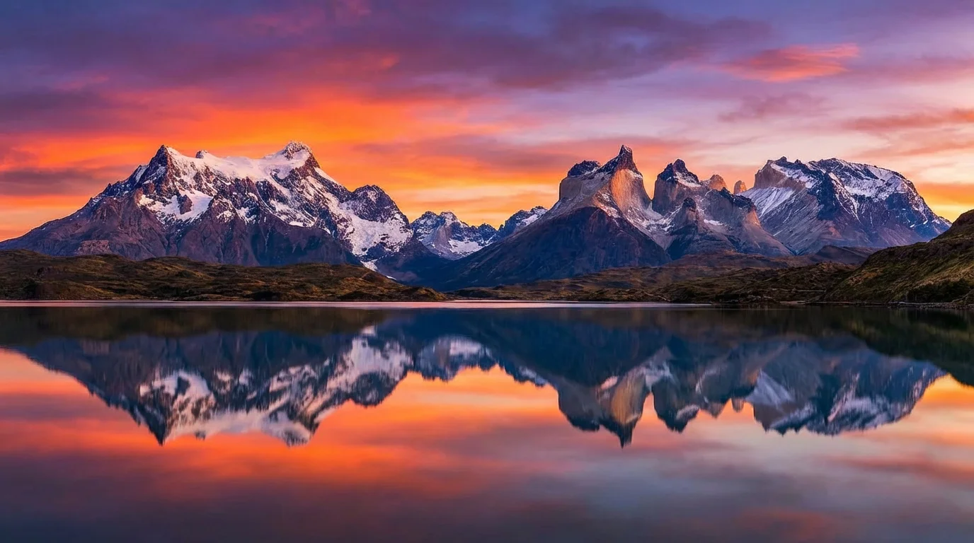 A final, seamlessly stitched panoramic photograph of a vibrant mountain sunset reflected in a lake, demonstrating the perfect output of a panorama stitcher tool.