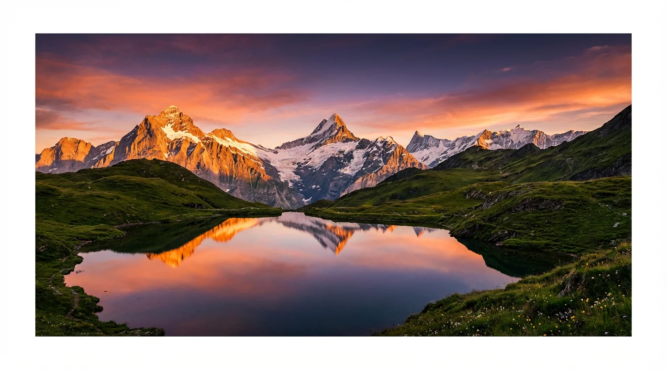 A seamless, wide panoramic photograph of a stunning mountain range and reflective lake at sunset, illustrating the output of a panorama stitcher.