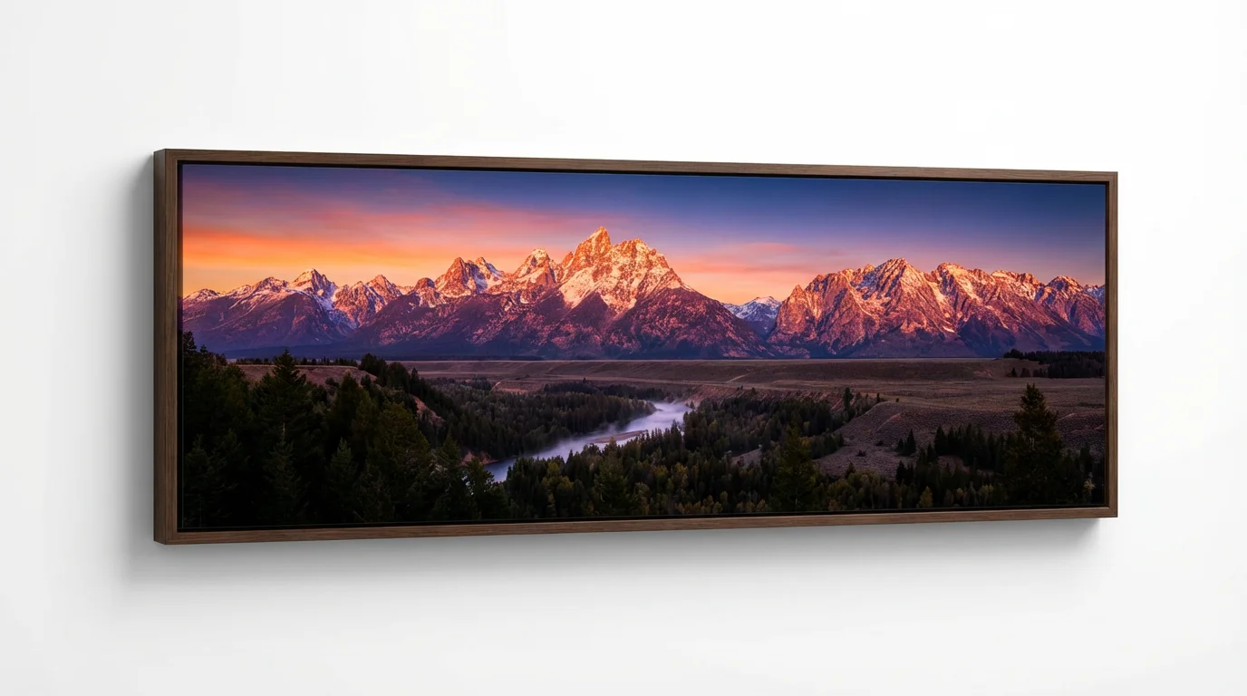 A seamless, ultra-wide panoramic photograph of a vibrant mountain sunrise, with glowing peaks and a misty valley, displayed as a finished image against a plain white background.