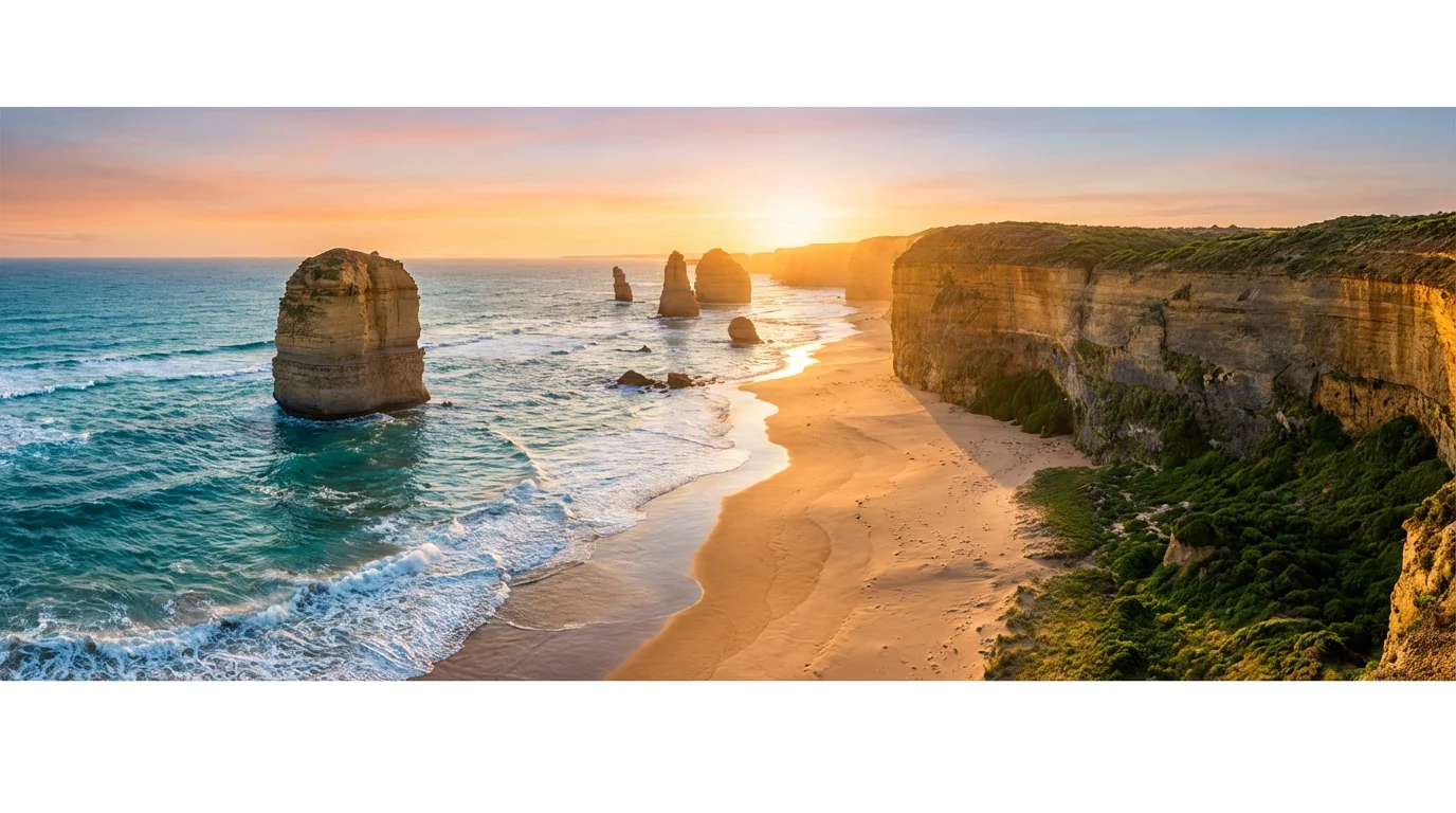A seamless panoramic photograph of a dramatic coastline at sunset, showing sea stacks on the left, a curving sandy beach in the middle, and green cliffs on the right, all under a golden sky.