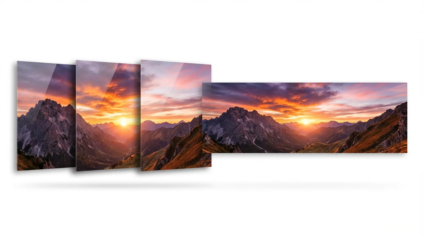 A conceptual image showing three separate photos of a mountain sunset on the left seamlessly merging into a single, wide panoramic picture on the right, all set against a clean white background to illustrate a panorama stitching tool.