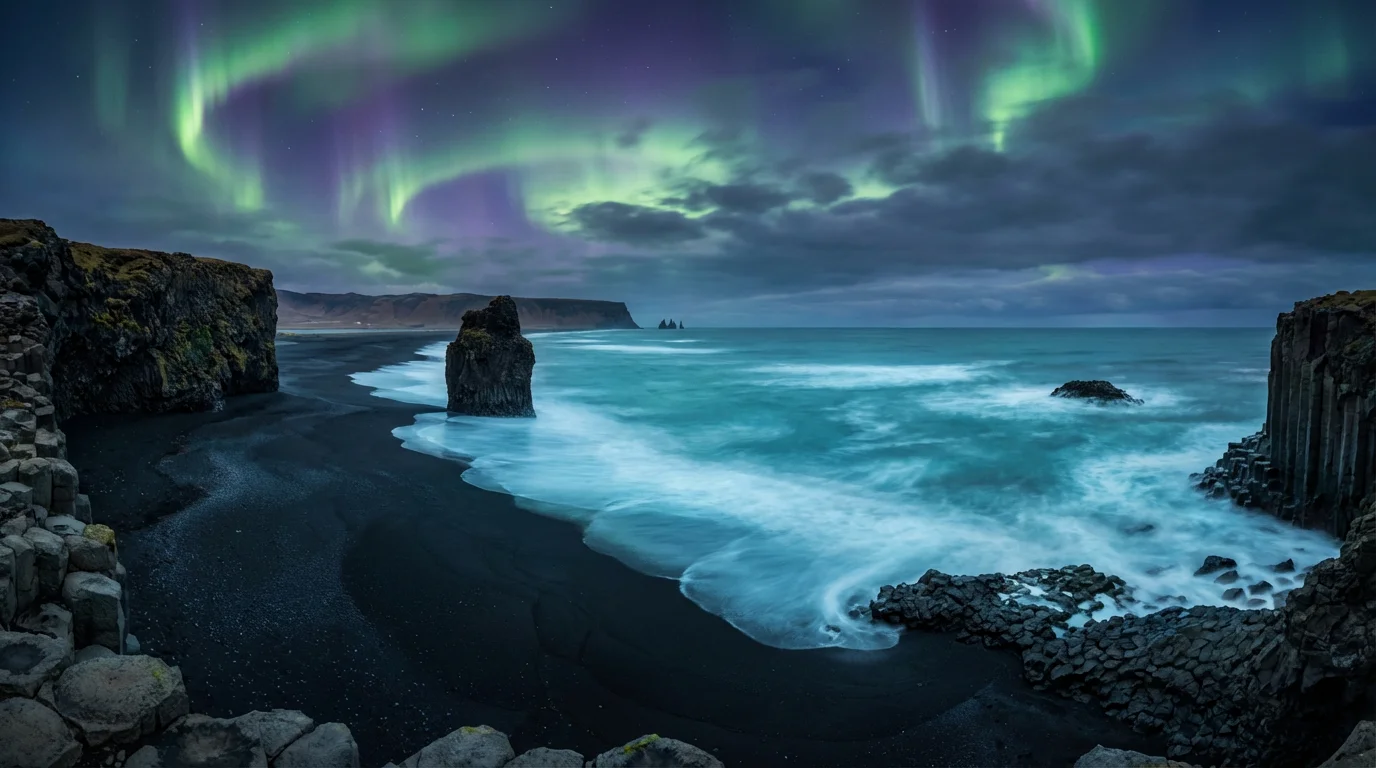 A seamless, ultra-wide panoramic photo of a black sand beach in Iceland, with dramatic basalt columns and the vibrant green and purple hues of the Aurora Borealis lighting up the night sky.