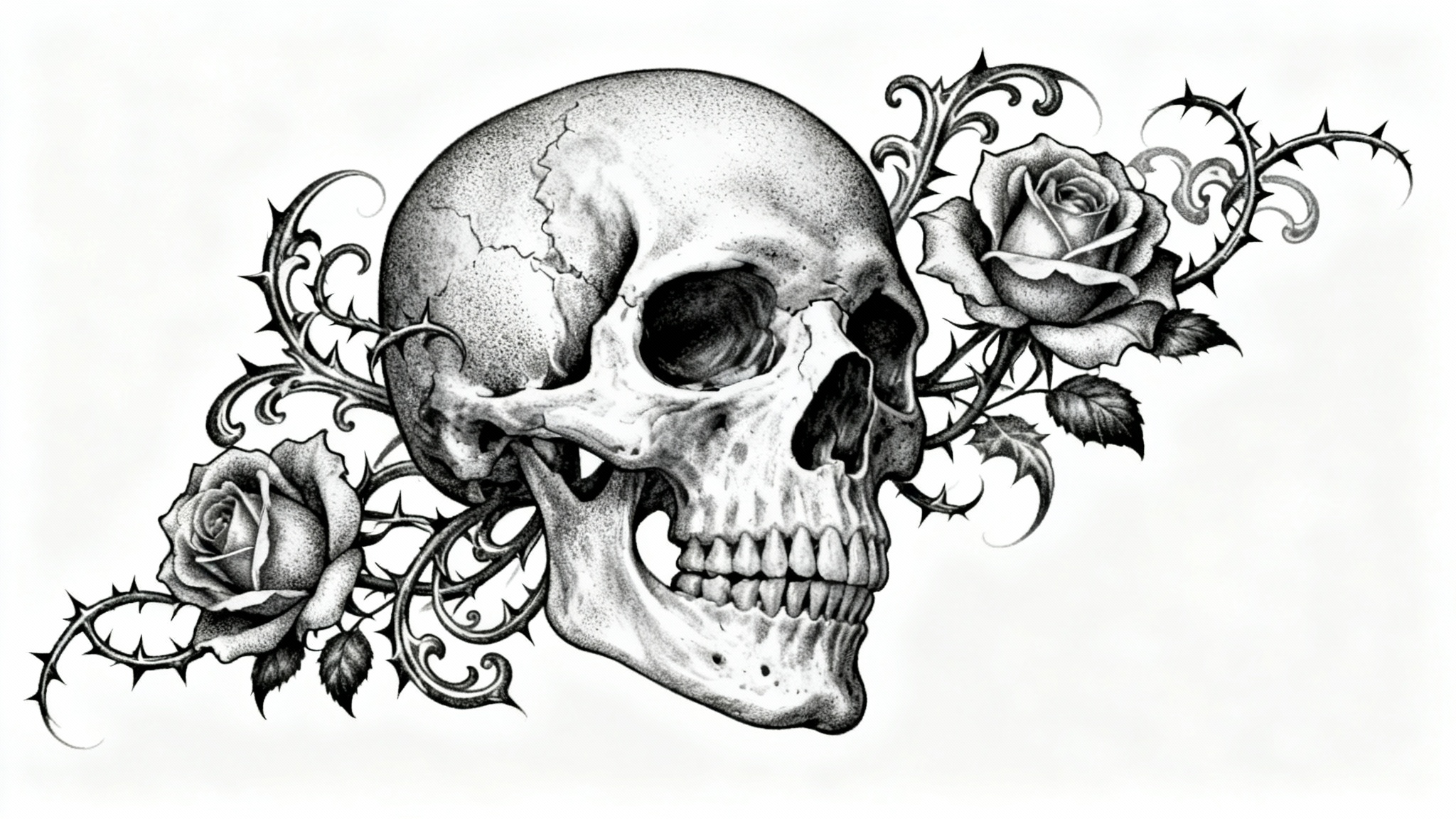 A highly detailed black and gray tattoo design featuring a human skull interwoven with thorny roses and gothic patterns, presented on a clean white background.