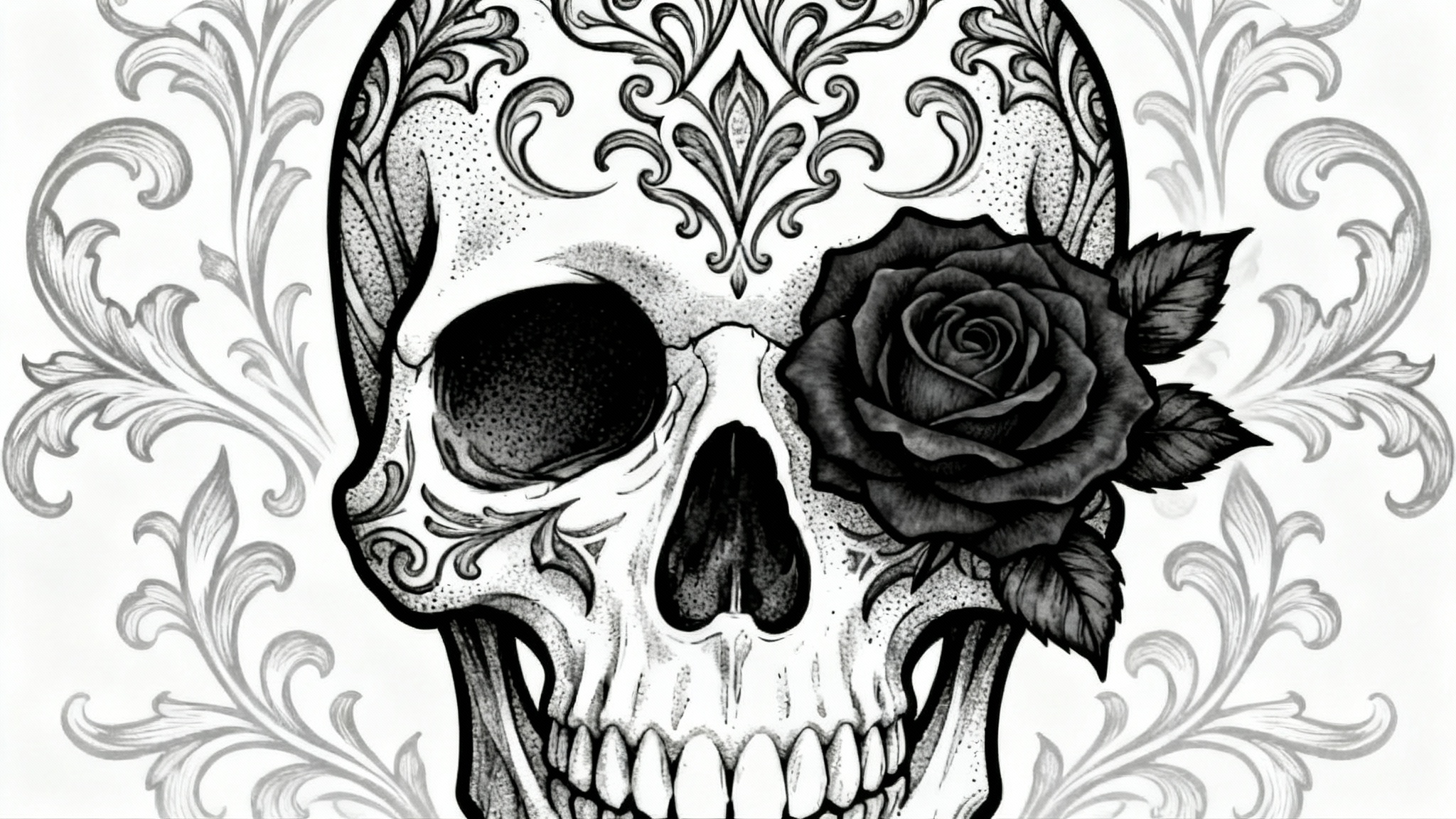 An intricate black and grey tattoo design of a skull with a rose growing from its eye socket, showcasing detailed linework and shading on a plain white background.