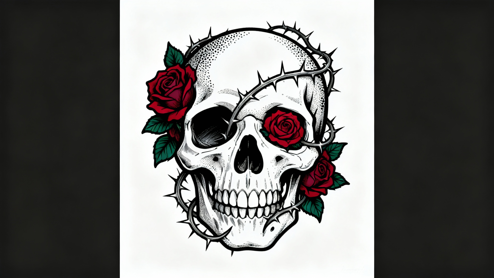 A professional tattoo flash design of a skull intertwined with dark red roses and thorny vines, displayed on a clean white background.