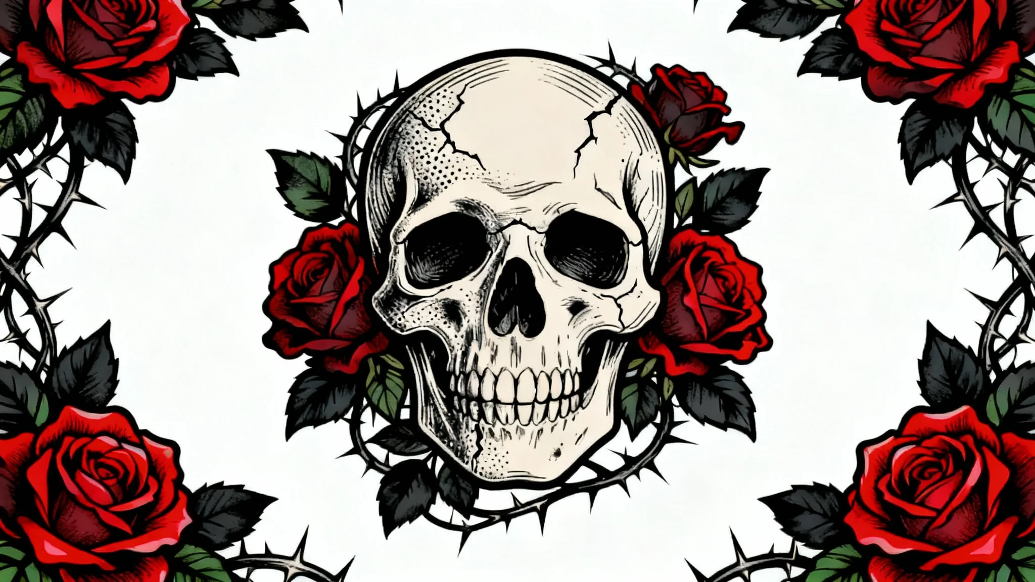 A neo-traditional tattoo design featuring a detailed skull at the center, surrounded by deep red and black roses with thorny vines. The artwork is presented as a flash design on a solid white background.