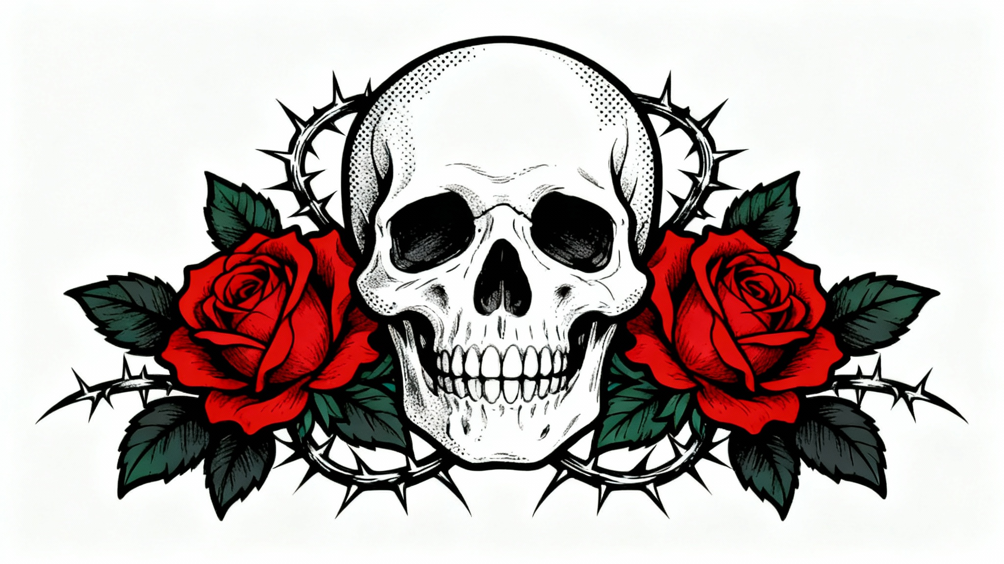 A neo-traditional tattoo design of a skull intertwined with vibrant red roses, presented on a white background.