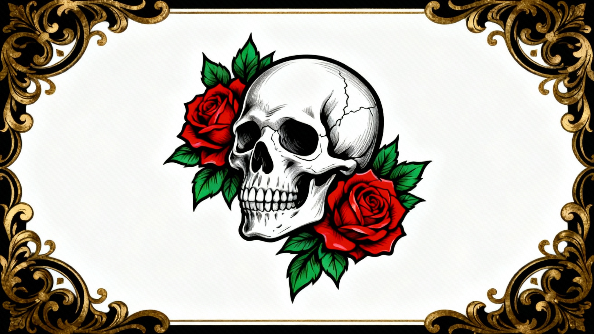 A detailed neo-traditional tattoo design featuring a skull surrounded by vibrant red roses and gold filigree, presented on a clean white background.