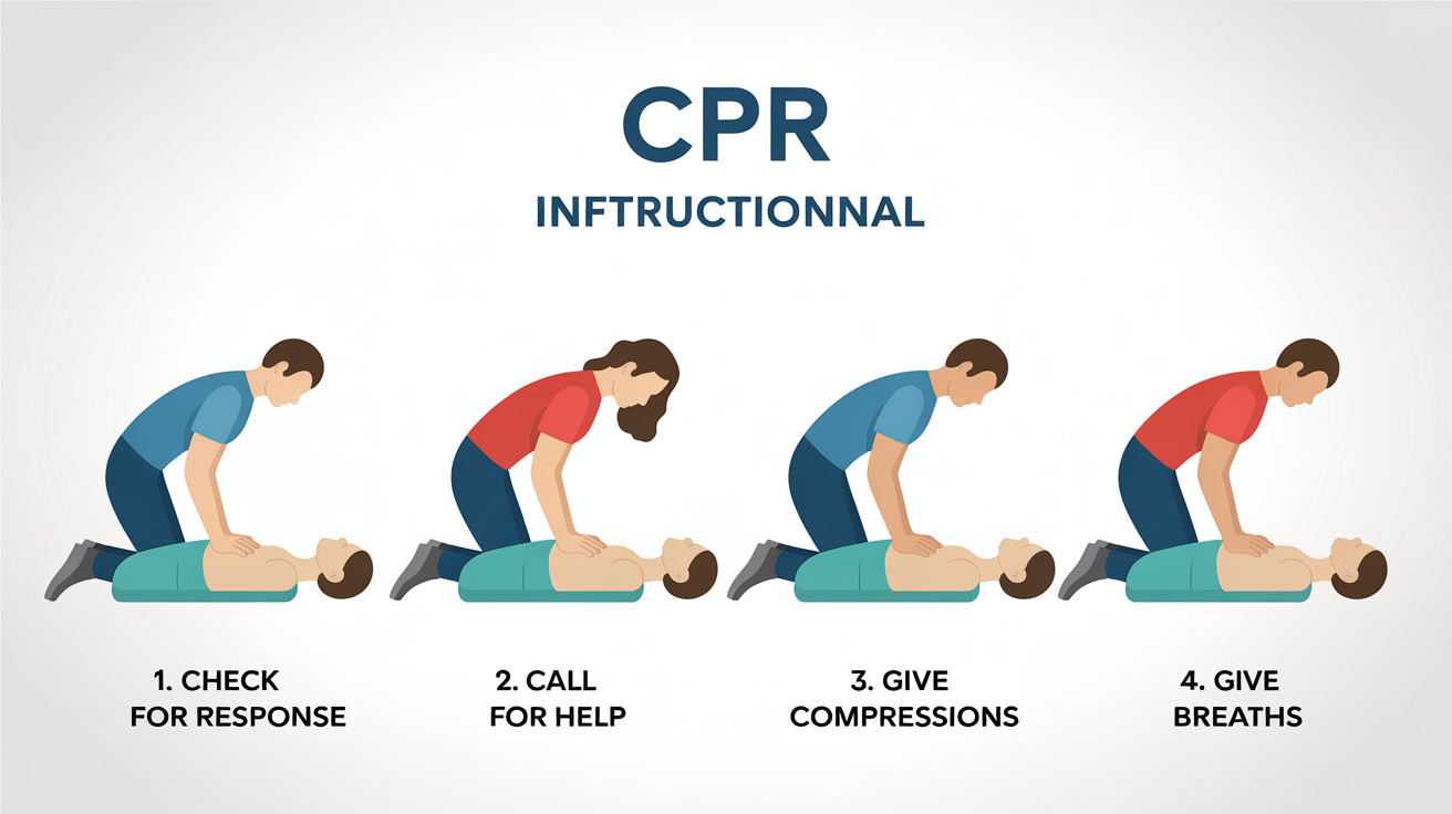 A professional infographic illustrating the four steps of CPR in a clean, modern style. The steps shown are checking for a response, calling for help, giving chest compressions, and giving rescue breaths, each with a corresponding icon and label.