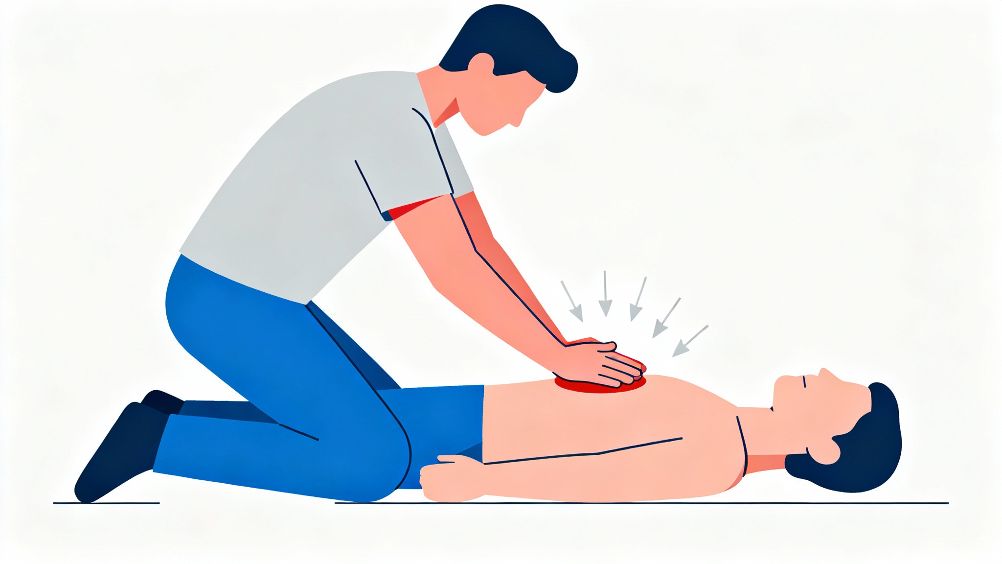 A clear, vector-style medical illustration showing a person correctly performing CPR chest compressions on another person lying down.