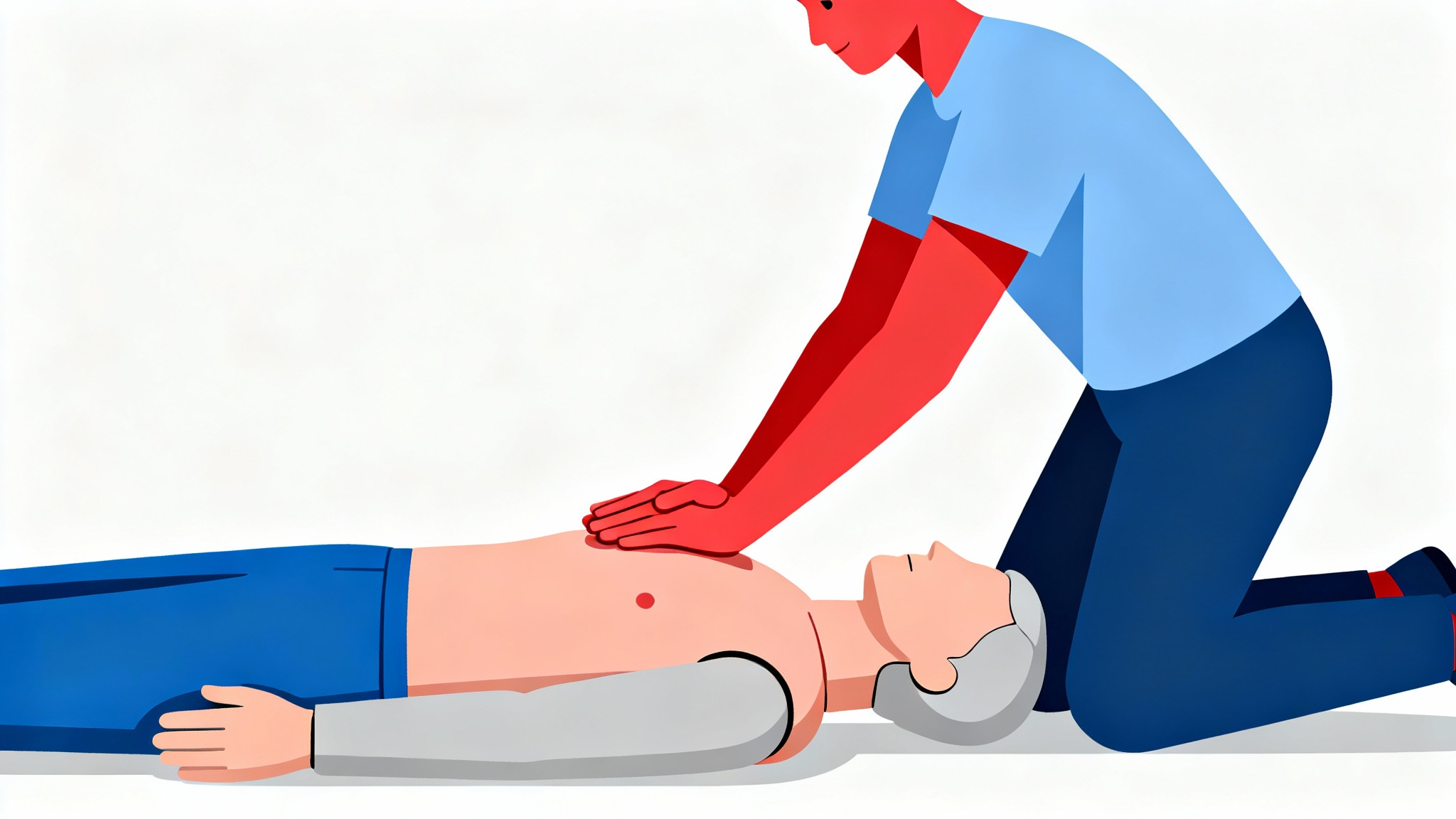 An educational vector illustration showing a person performing CPR chest compressions on a training mannequin, set against a clean white background.