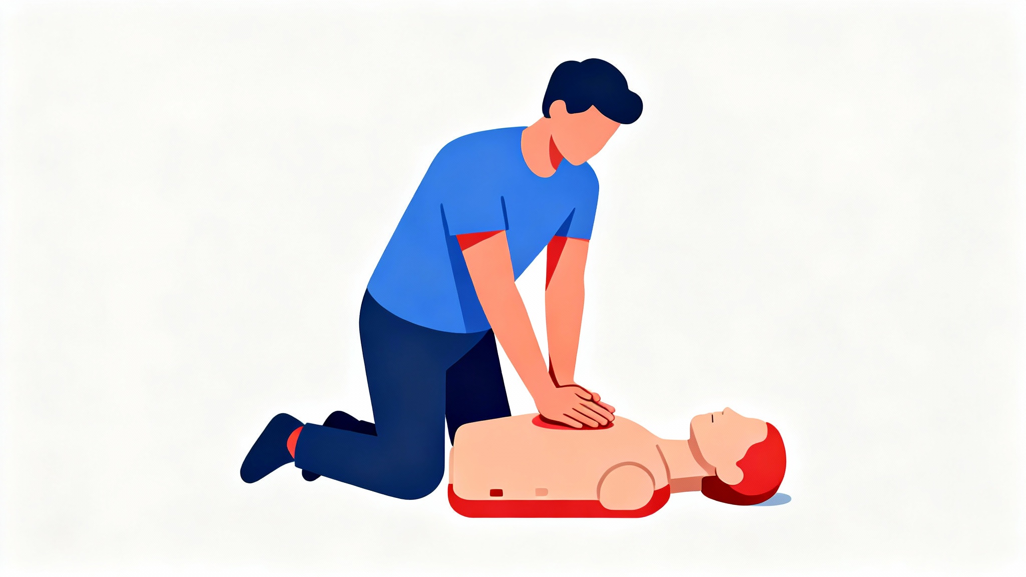 A clear vector illustration showing the correct technique for performing CPR chest compressions on a training dummy against a white background.
