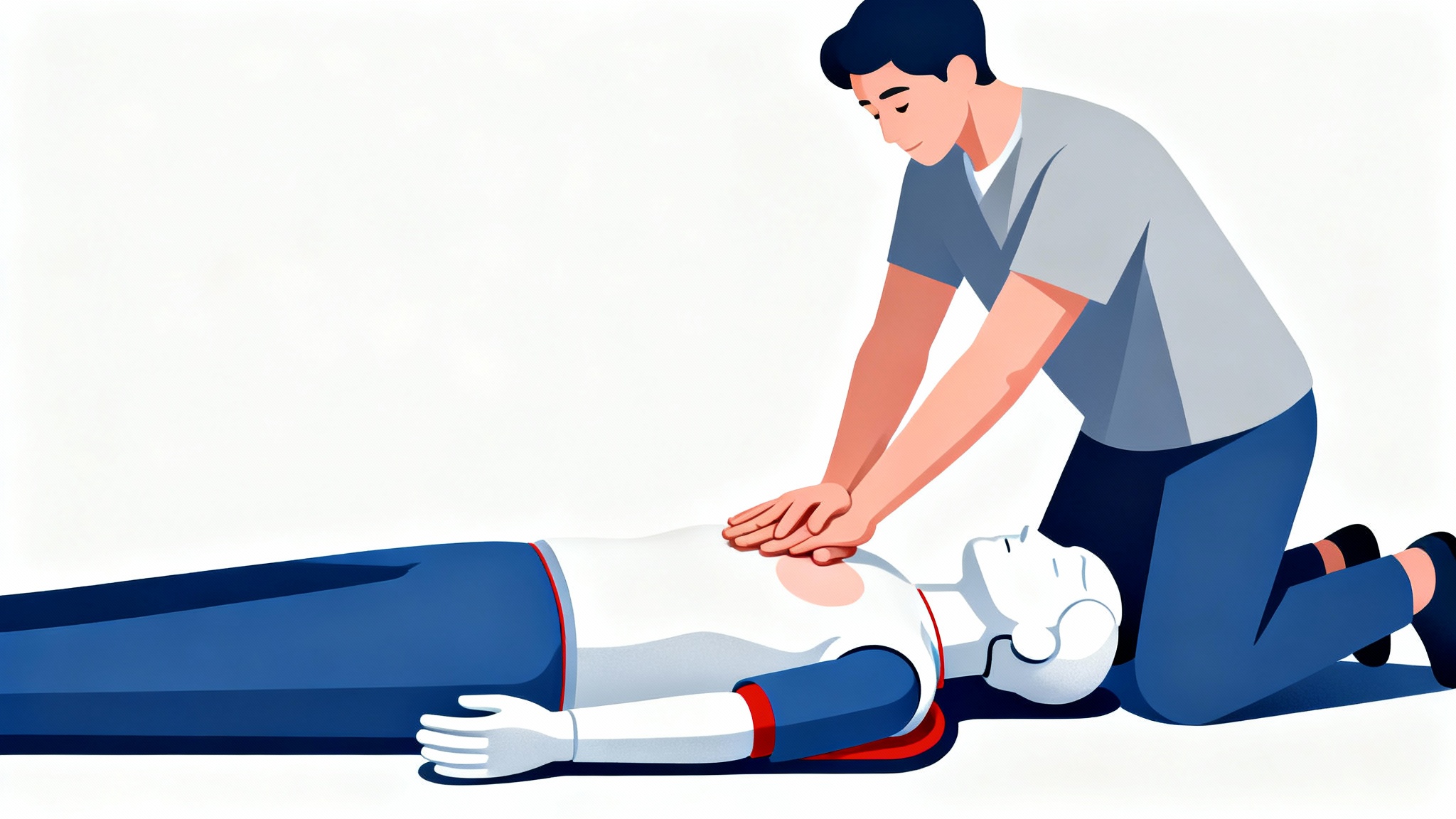 A clear, minimalist illustration showing the correct procedure for performing CPR chest compressions on a dummy, set against a white background.