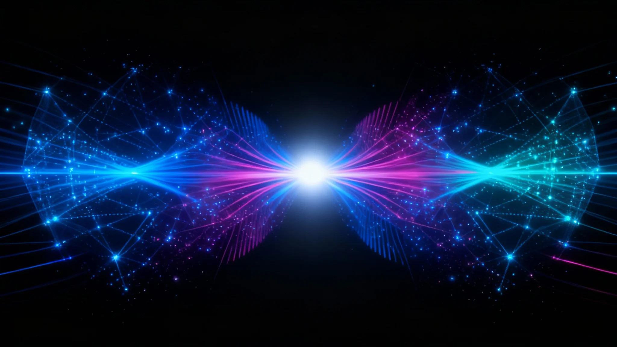 An eye-catching digital visualization of a Fourier Transform spectrum, showing a bright central point with radiating symmetrical patterns of blue and purple light on a dark background, representing the result of fourier image processing.