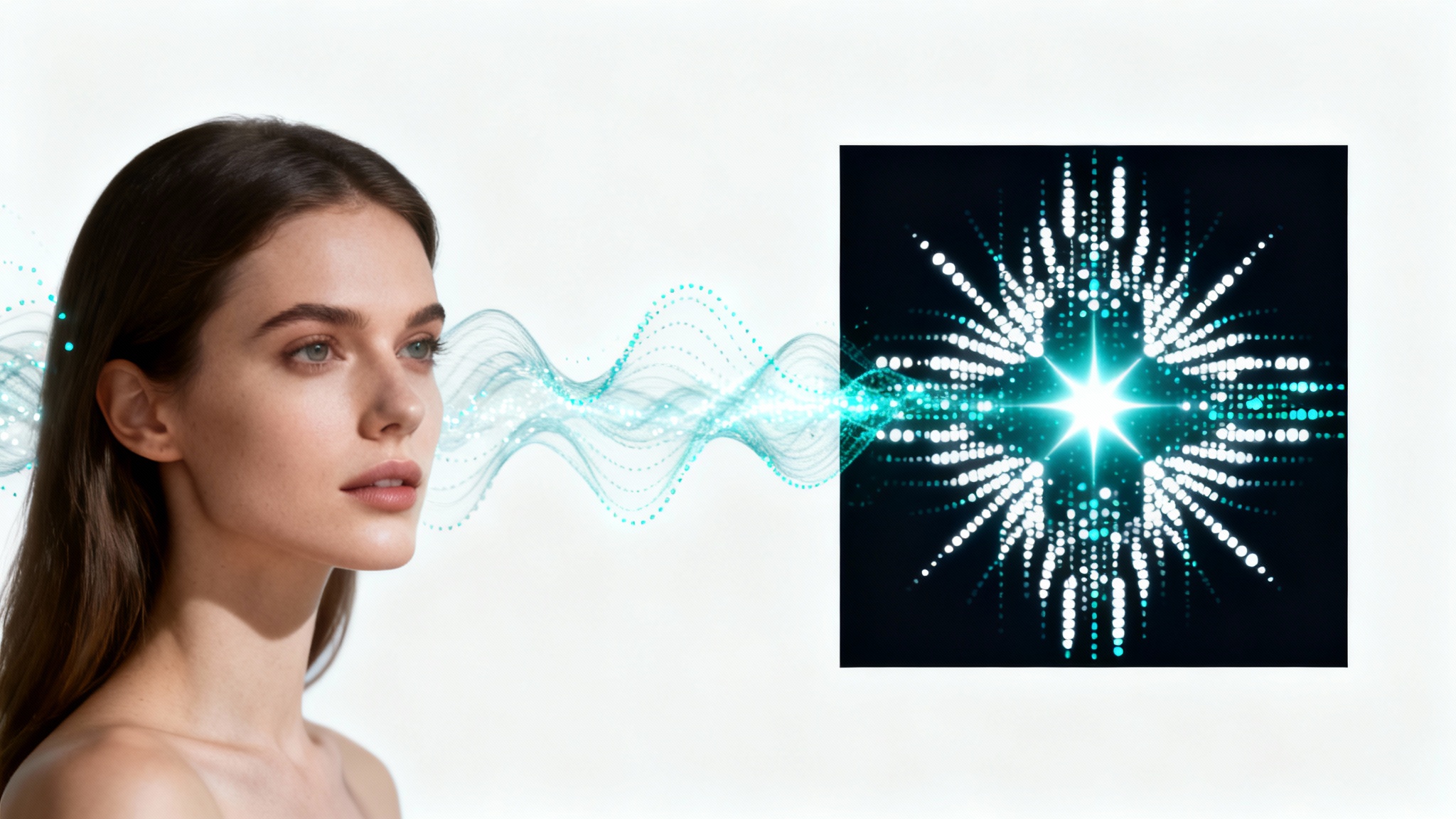 An abstract illustration of Fourier image processing, showing a woman's face transforming into its complex, glowing frequency spectrum against a white background.