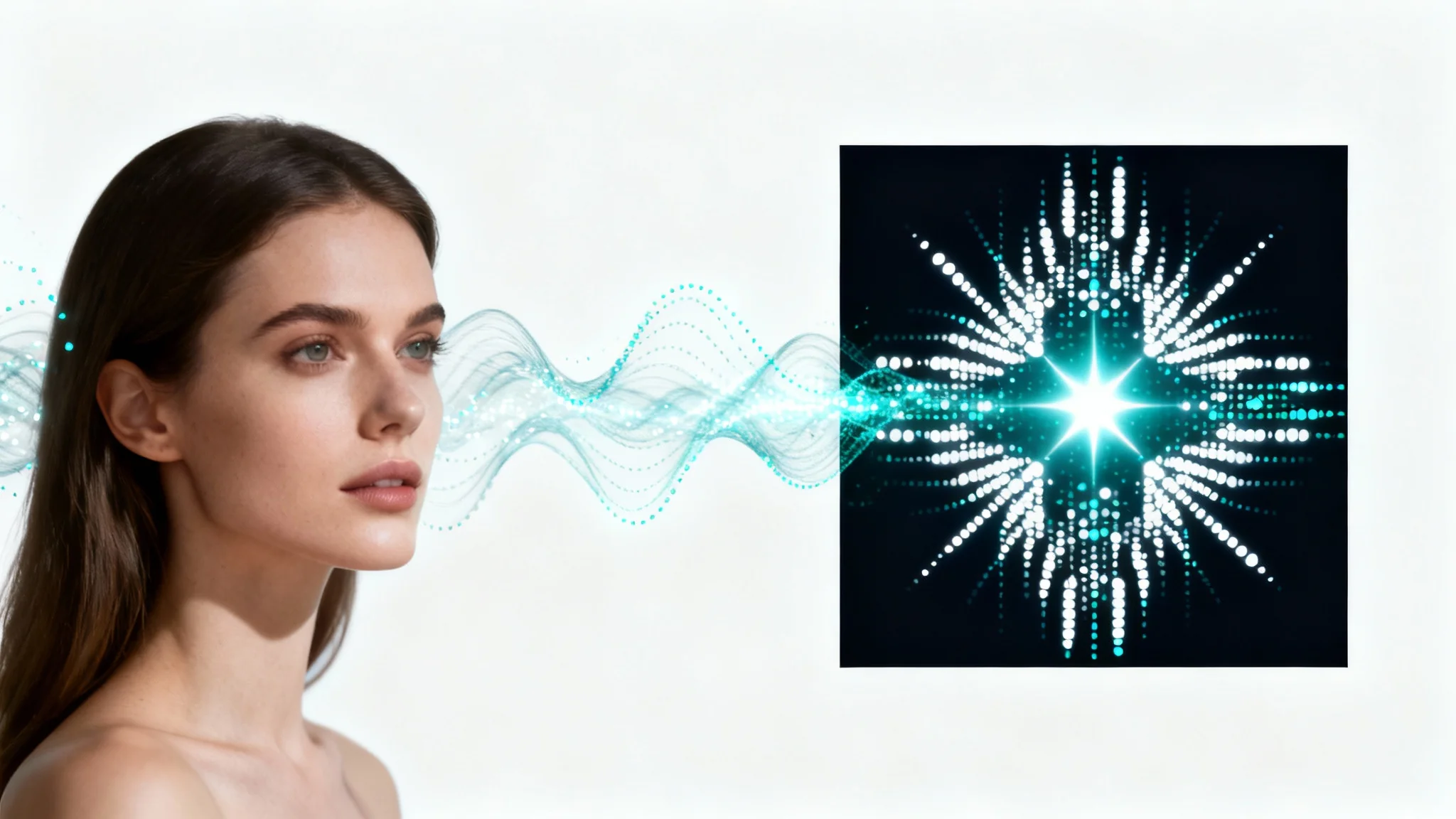An abstract illustration of Fourier image processing, showing a woman's face transforming into its complex, glowing frequency spectrum against a white background.